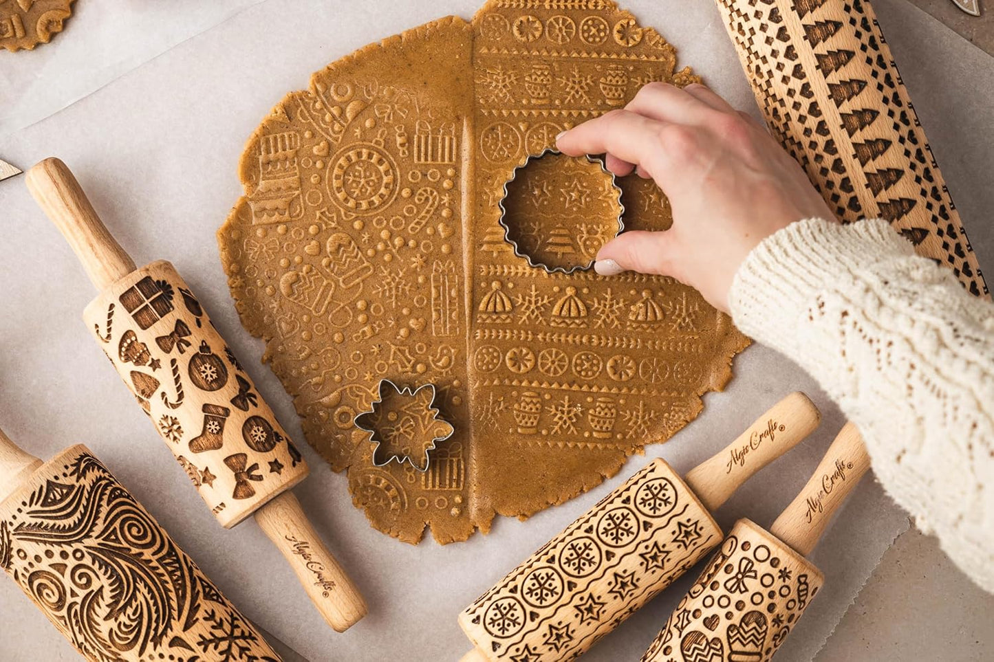 Embossing Rolling Pin GINKGO with Ginkgo Biloba Leaves Pattern – Dough and Clay Roller for Embossed Cookies and Pottery - Cookie and Ceramic Stamp - Baking Gifts for Women by Algis Crafts