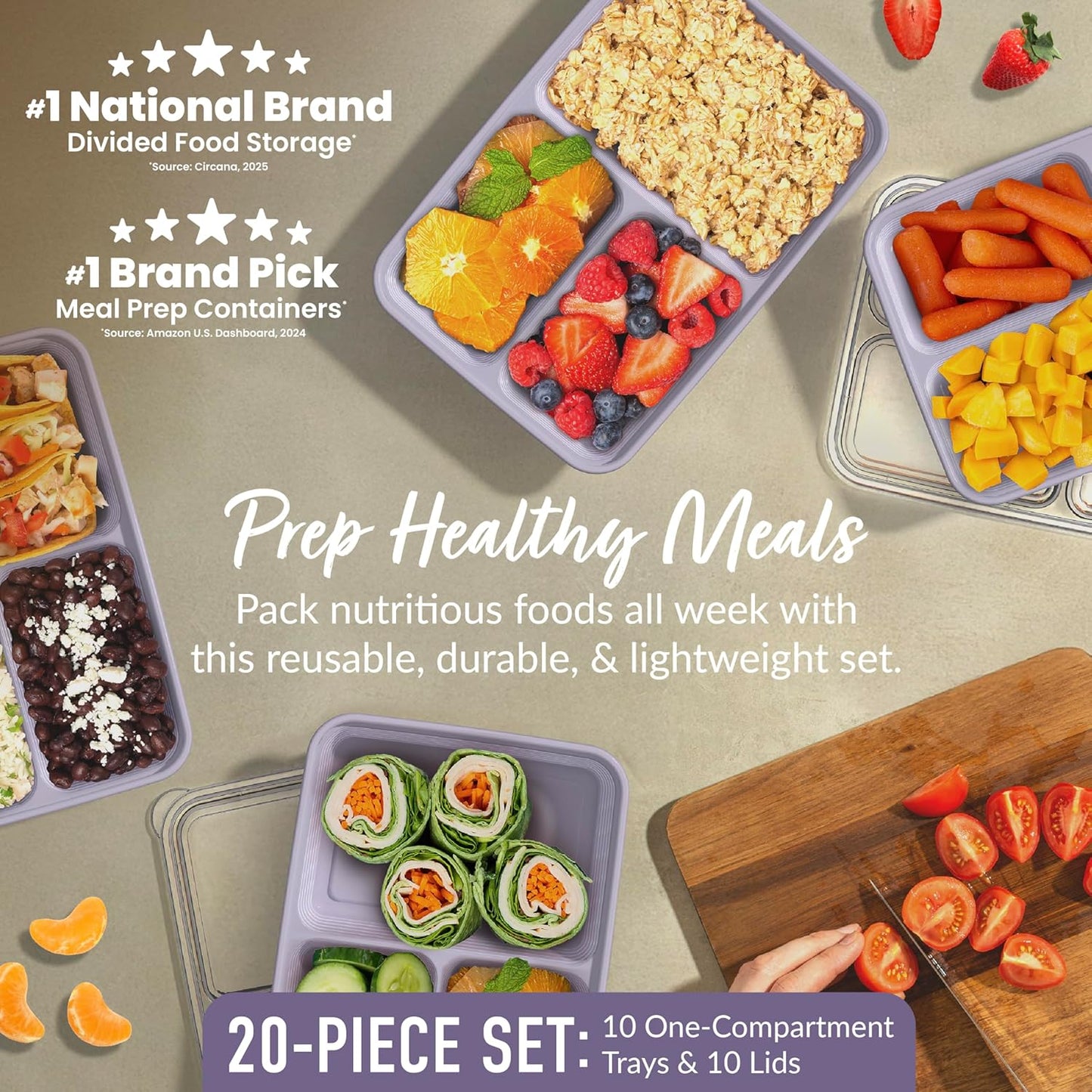 Bentgo Prep - 20-Piece 3-Compartment Reusable Meal Prep Containers with Lids, PFAS & BPA Free Materials, Durable, Microwave, Freezer, & Dishwasher Safe To Go Food Storage (Lilac)