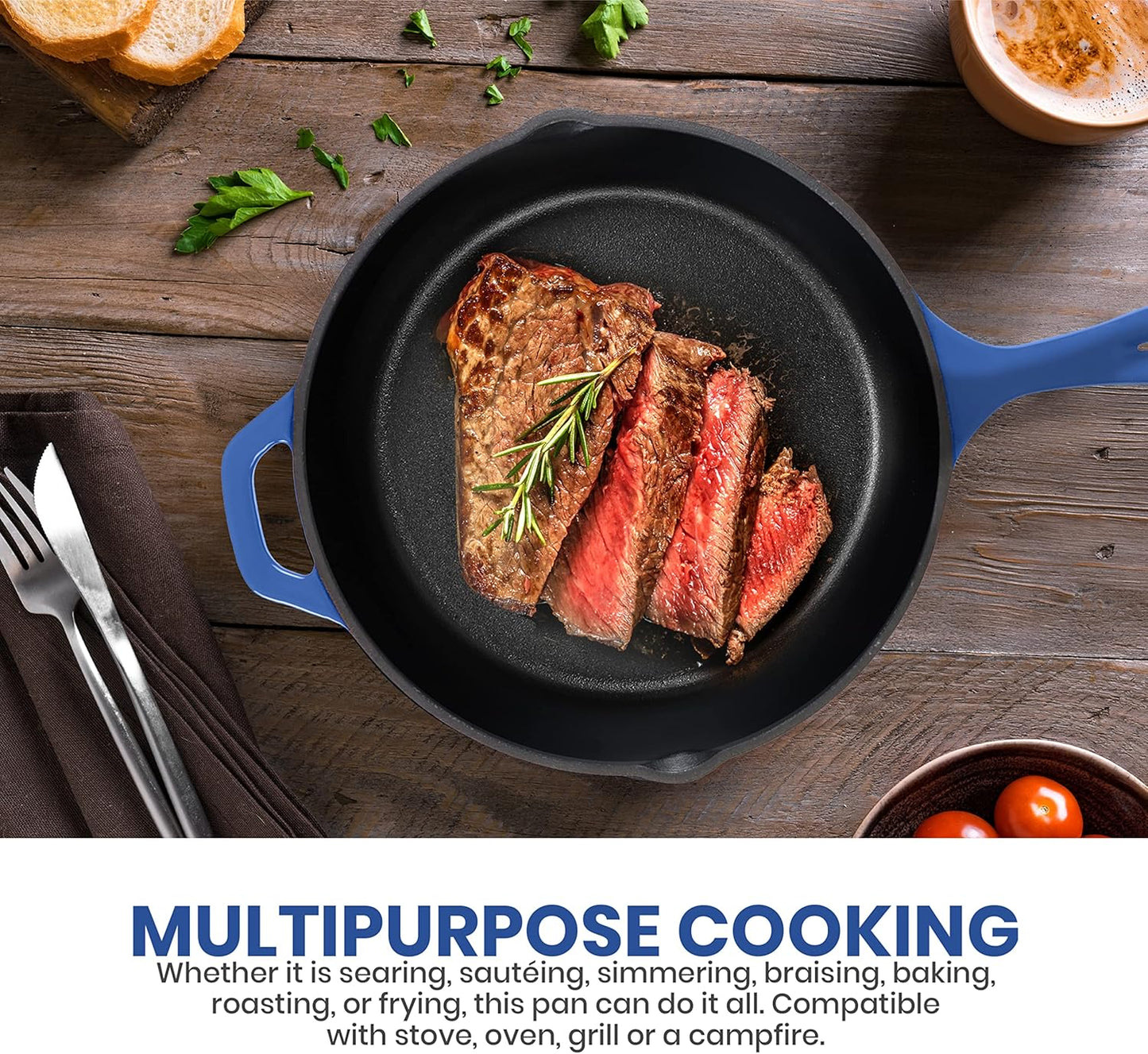 Utopia Kitchen Pre Seasoned Chefs Pan Cast Iron Skillet Frying Safe Grill Cookware for indoor & Outdoor Use (Blue, 10.25 Inch (Pack of 1))