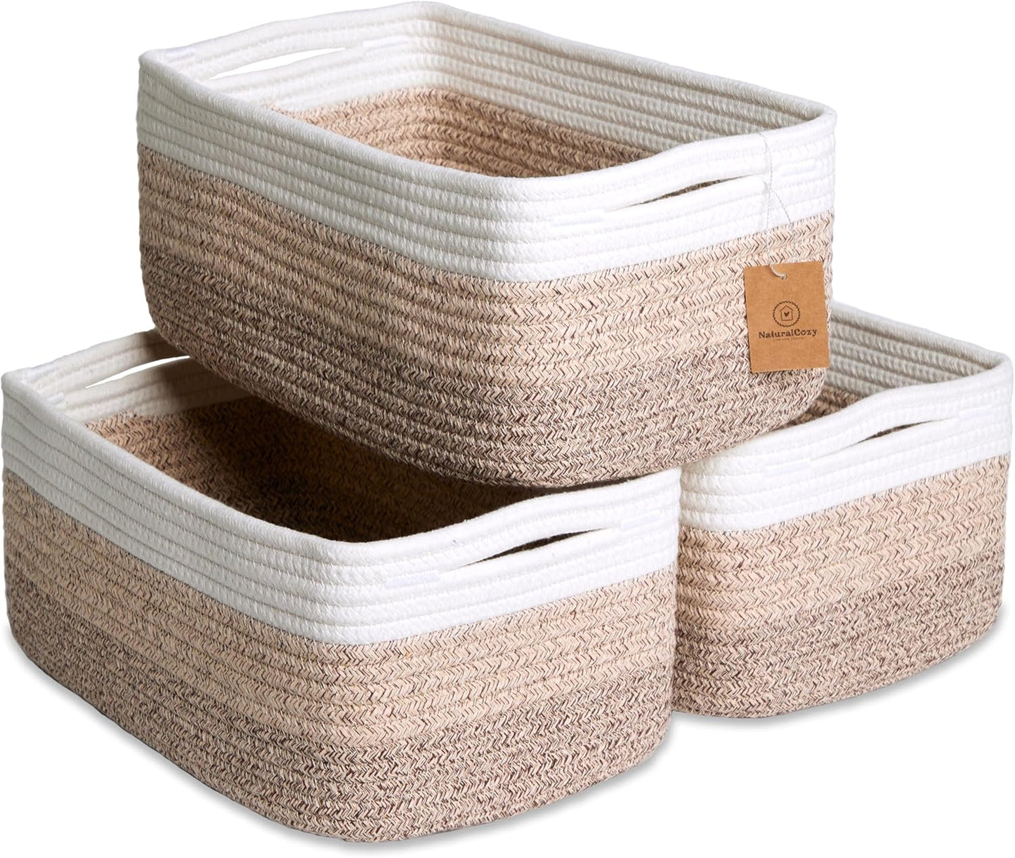 NaturalCozy 13.5”x8.5”x5.5” Storage Baskets for Shelves 3 Pack | Cotton Rope Woven Small Baskets for Organizing | Small Storage Bins for Nursery, Bathroom, Closet, Cube Shelf, Decorative, Gift