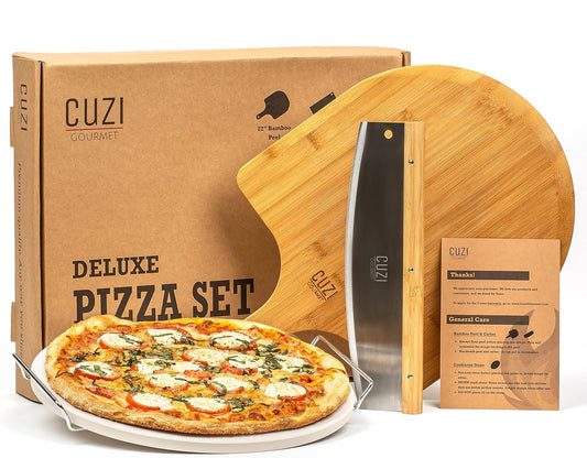 Cuzi Gourmet XL 4-Piece Pizza Stone Set - 15" Thermal Shock Resistant Cordierite Baking Stone, 22" Natural Bamboo Peel & Cutter Rocker - Large Stone for Grill and Oven