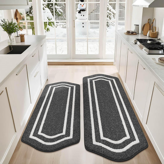 COSY HOMEER Kitchen Rugs and Mats Sets of 2PCS Non Slip Kitchen Mats for Floor Washable Kitchen Runner Stain Resistant Standing Mat for Kitchen,Sink,24"x48"+24"x59",Black