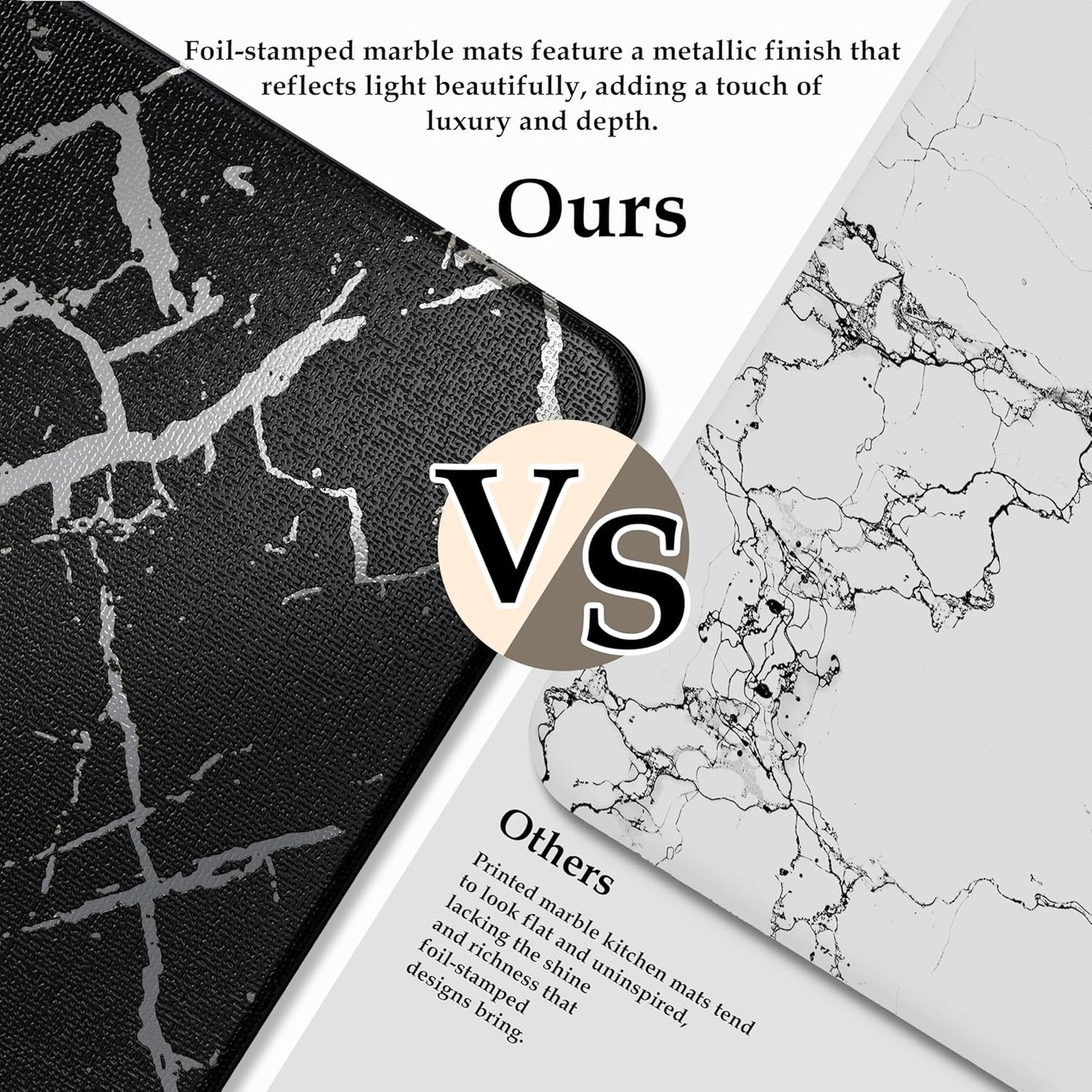 Silver Foil Stamped Marble Kitchen Mats for Floor 2PCS Cushioned Anti Fatigue Non Slip Waterproof Comfort Leather Kitchen Rugs 2/5 Inch PVC Kitchen Mats for Sink, Laundry, 17.3"x28"+17.3"x47", Black