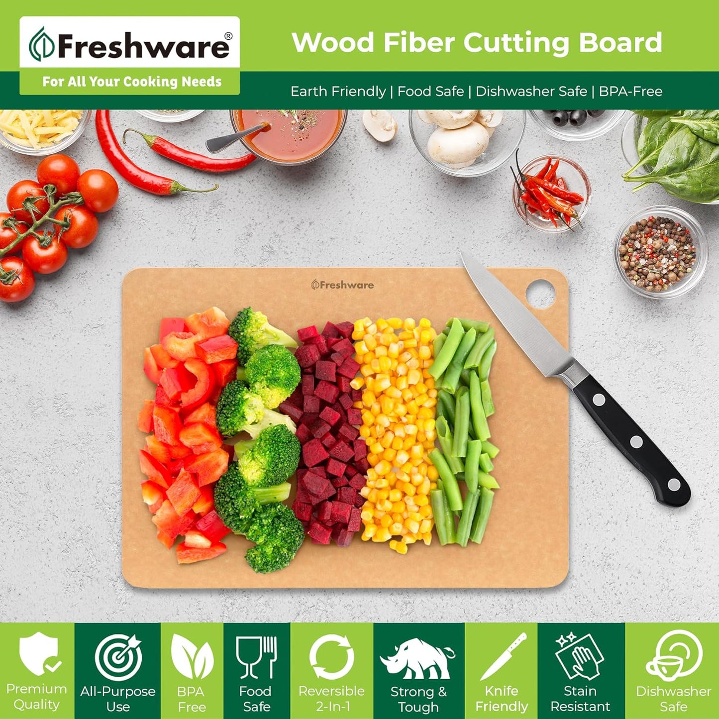 Freshware Wood Cutting Boards for Kitchen, Dishwasher Safe, Medium 12" x 9" and Large, 15" x 11.25", Set of 2, Natural