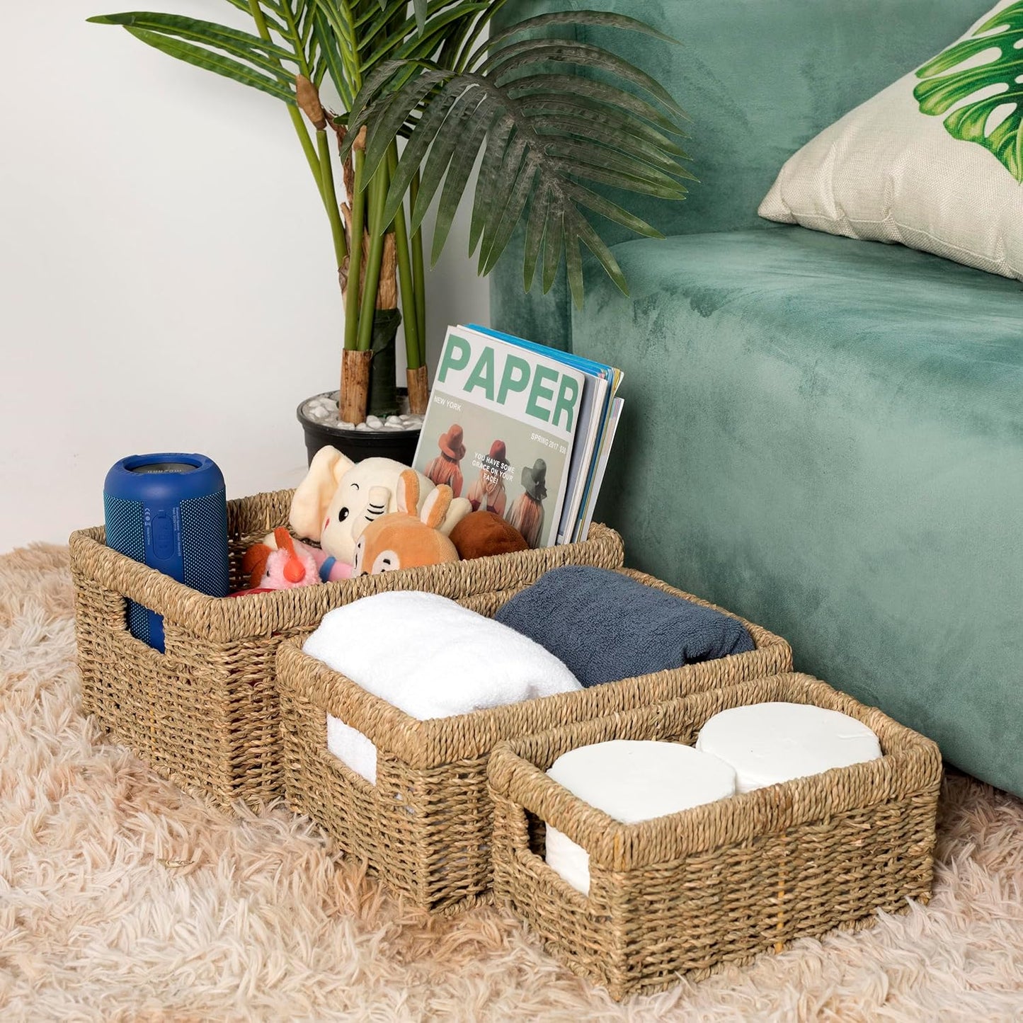 CENBOSS Wicker Baskets (Large, Seagrass, 1PC) Rattan Storage Baskets for Shelves, Woven Seagrass Holder
