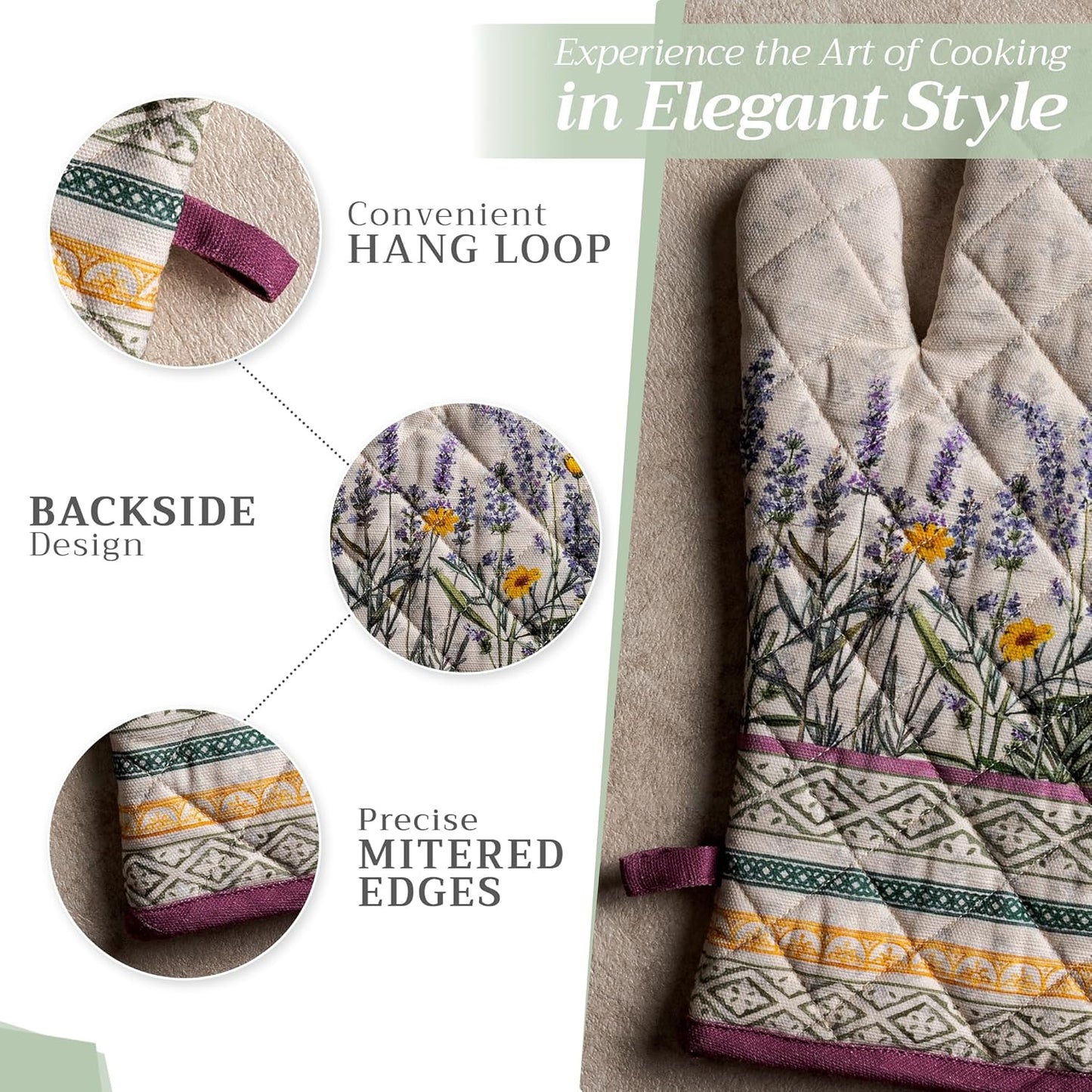 Maison d' Hermine Oven Gloves 100% Cotton Oven Mitt 7" x 13" with Loop Heat Resistant, BBQ, Cooking Gloves, Baking, Grilling, Kitchen, Handling Hot Pans Spring/Summer (Pack of 1, Fanny Lavender)