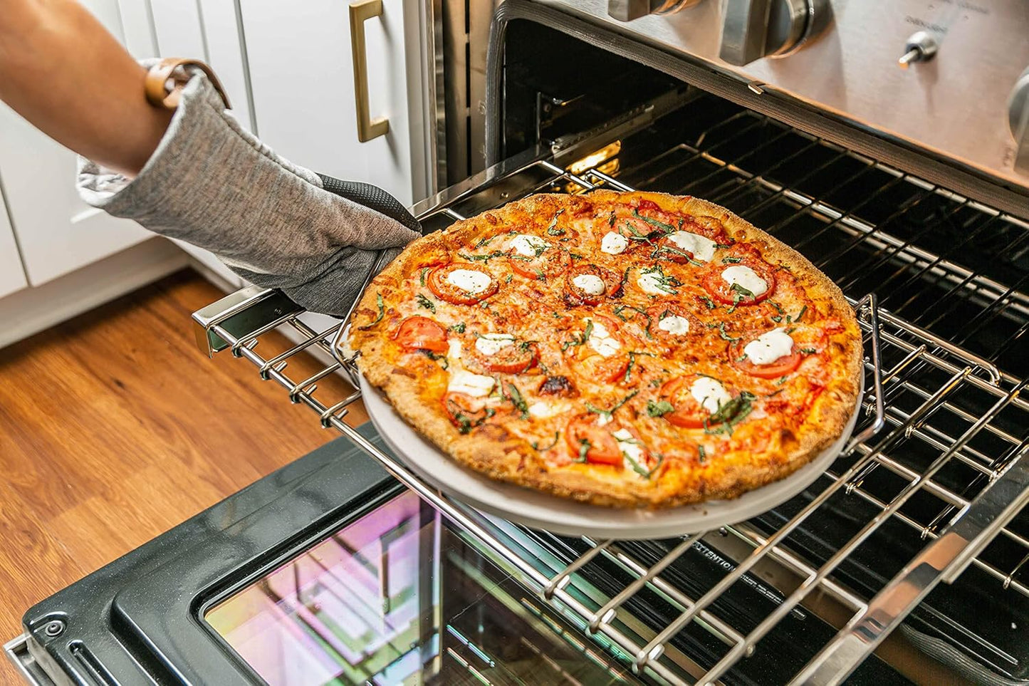 Cuzi Gourmet 4-Piece Large Pizza Stone Set - 13" Thermal Shock Resistant Cordierite Pizza Stone with Handle Rack, 19" Natural Bamboo Pizza Peel & Pizza Cutter - Large Baking Stone for Grill and Oven