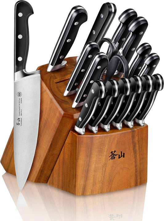 Cangshan TV2 Series 1023053 Swedish 14C28N Steel Forged 17-Piece Knife Block Set, Acacia