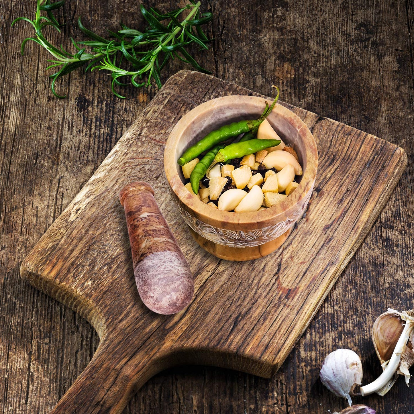 Mortar and Pestle, Made of Heavy Duty Polished Hard Stone, Natural Stone Grinder for Spices, Pastes, Herbs, Seasoning etc. (Mix Color with Engraving)