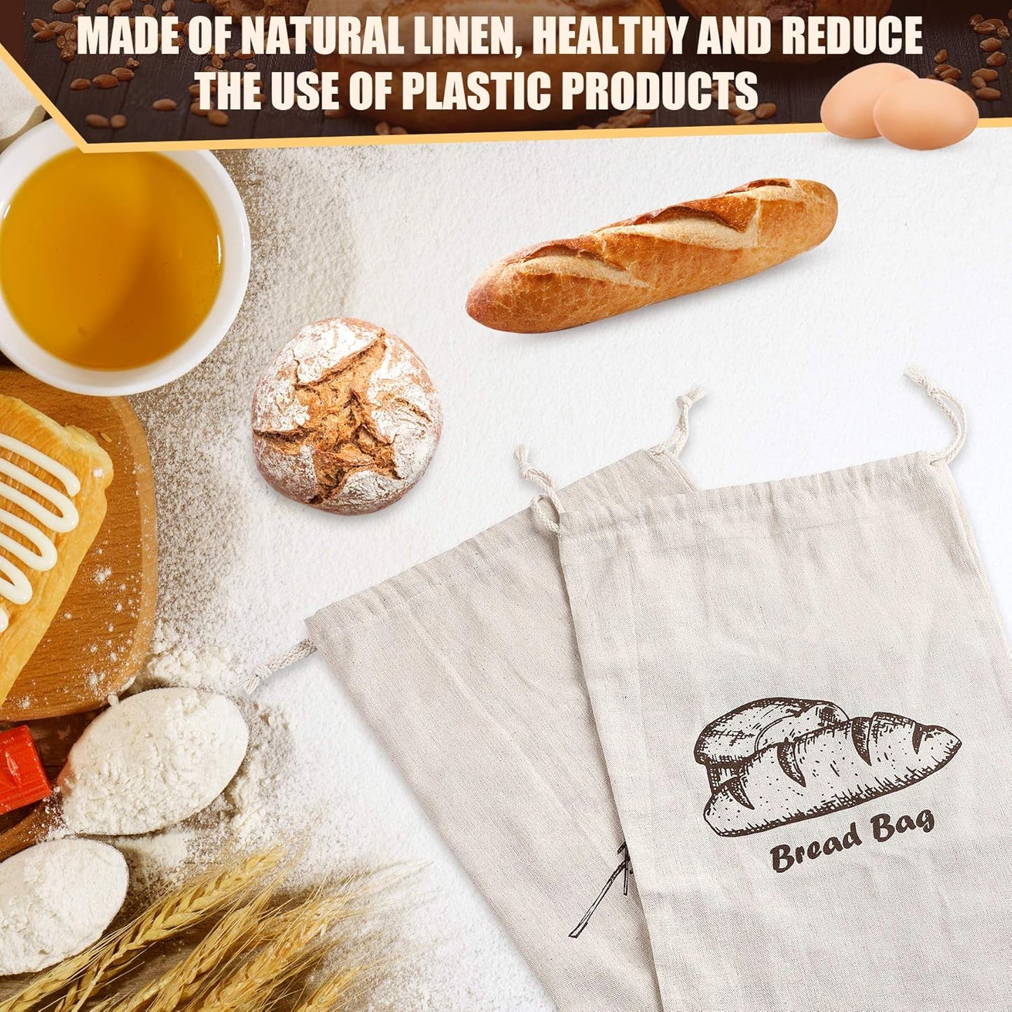 Augshy Linen Bread Bags for Homemade Bread Container, 4 Pcs 17.5 X11.5 Inches Unbleached & Reusable Bread Storage, Natural Large Storage for Artisan Bread