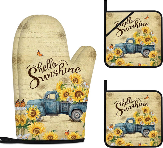Sunflower Oven Mitts and Pot Holders Sets Vintage Floral Oven Gloves Heat Resistant 4 Pcs Farmhouse Decorative Kitchen Hot Pads and Mitts for Baking Cooking Grilling