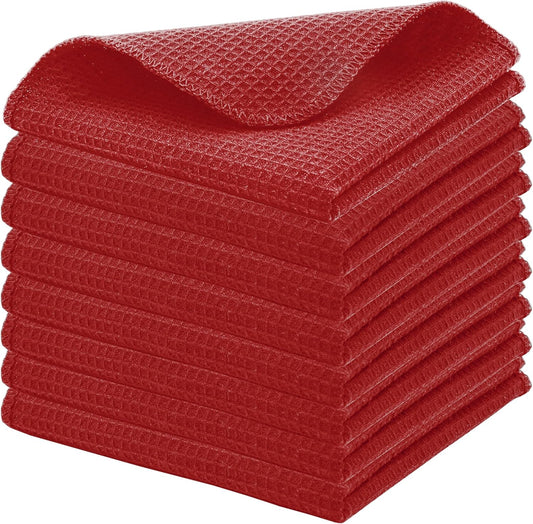 PurpleEssences Dish Cloths and Dish Rags - 8 Pack Waffle Weave Solid Kitchen Dish Wash Cloths, 100% Cotton, 12 x 12 Inches, Ultra Soft Absorbent Quick Drying - Red