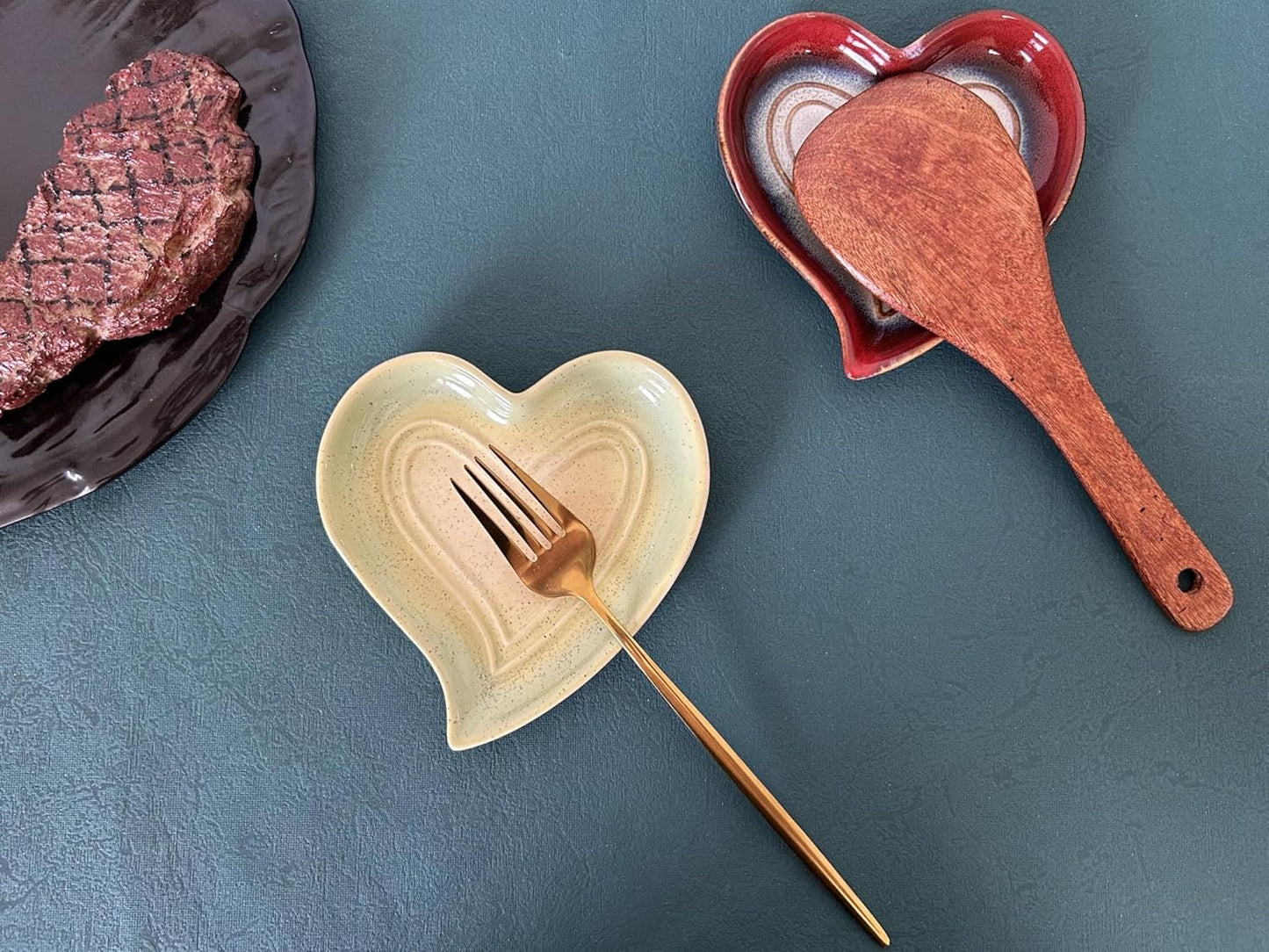 Ceramic Spoon Rest for Stove Top, Heart Cute Spoon Rest for Kitchen Counter, Cooking Spoon Holder for Kitchen Counter, Utensil Rest Spatula Rest Ladle Holder Tong Rest (Yellow Green)