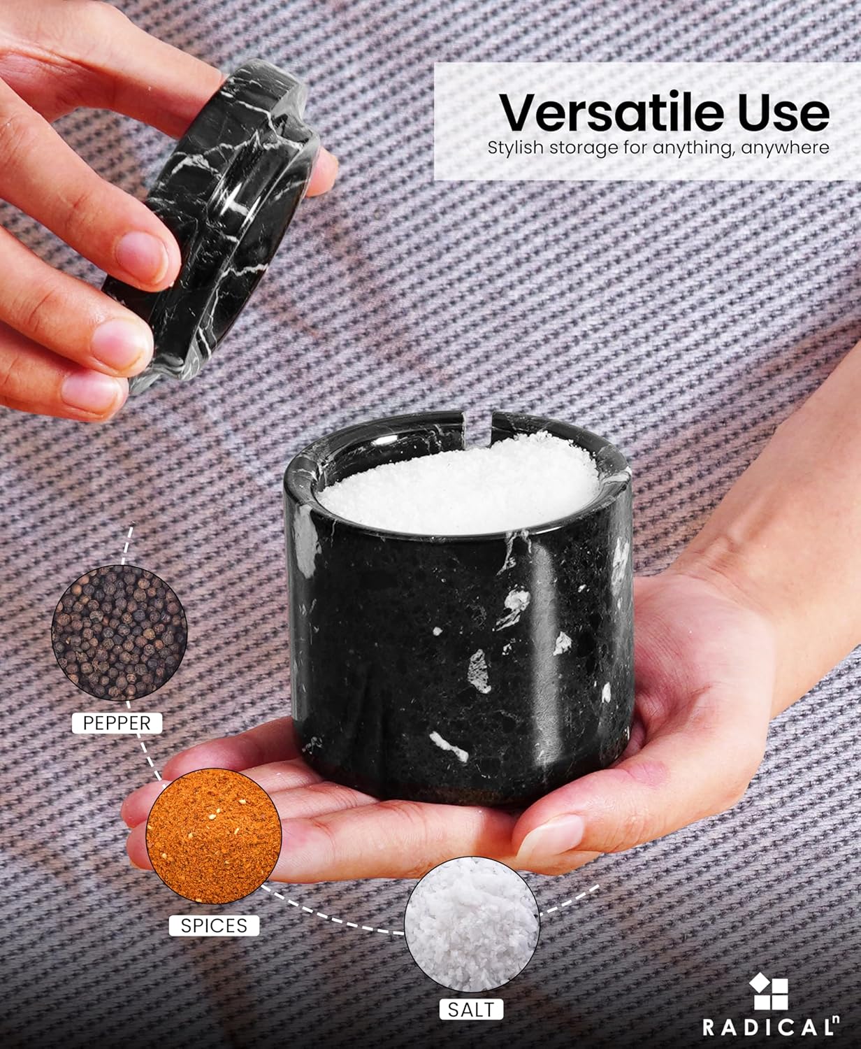 Radicaln Marble Salt Cellar With Lid and Tray 3" Inches Handmade Verona and Black Spice Jar For Kitchen Countertop, Ideal Set of 2 Salt bowl For Home