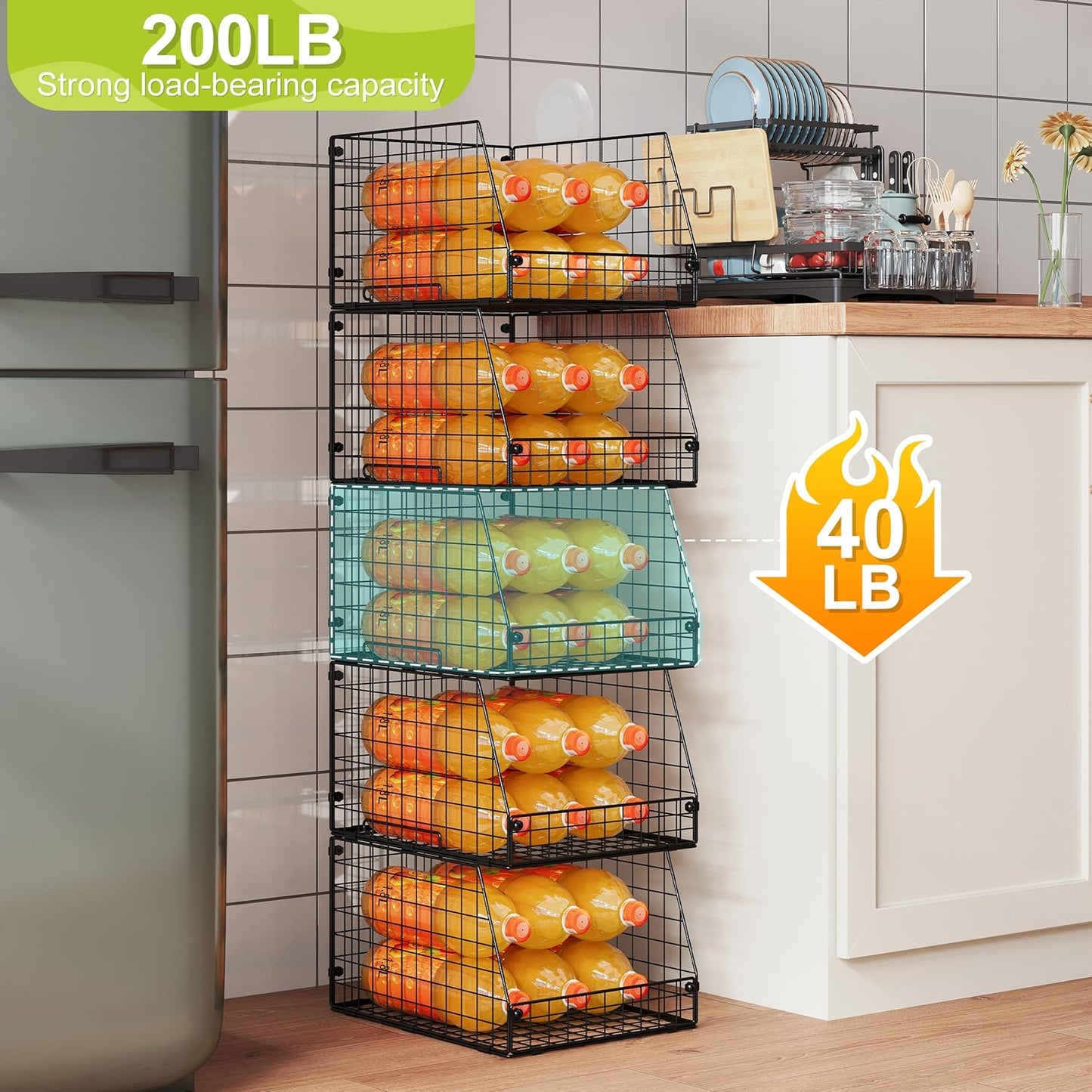 5 Pack XXL Stackable Wire Storage Basket, Extra Large Capacity Pantry Organizer and Storage, Muti-Purpose for Fruit Vegetable Basket & Toy Bin & Snack Organizer