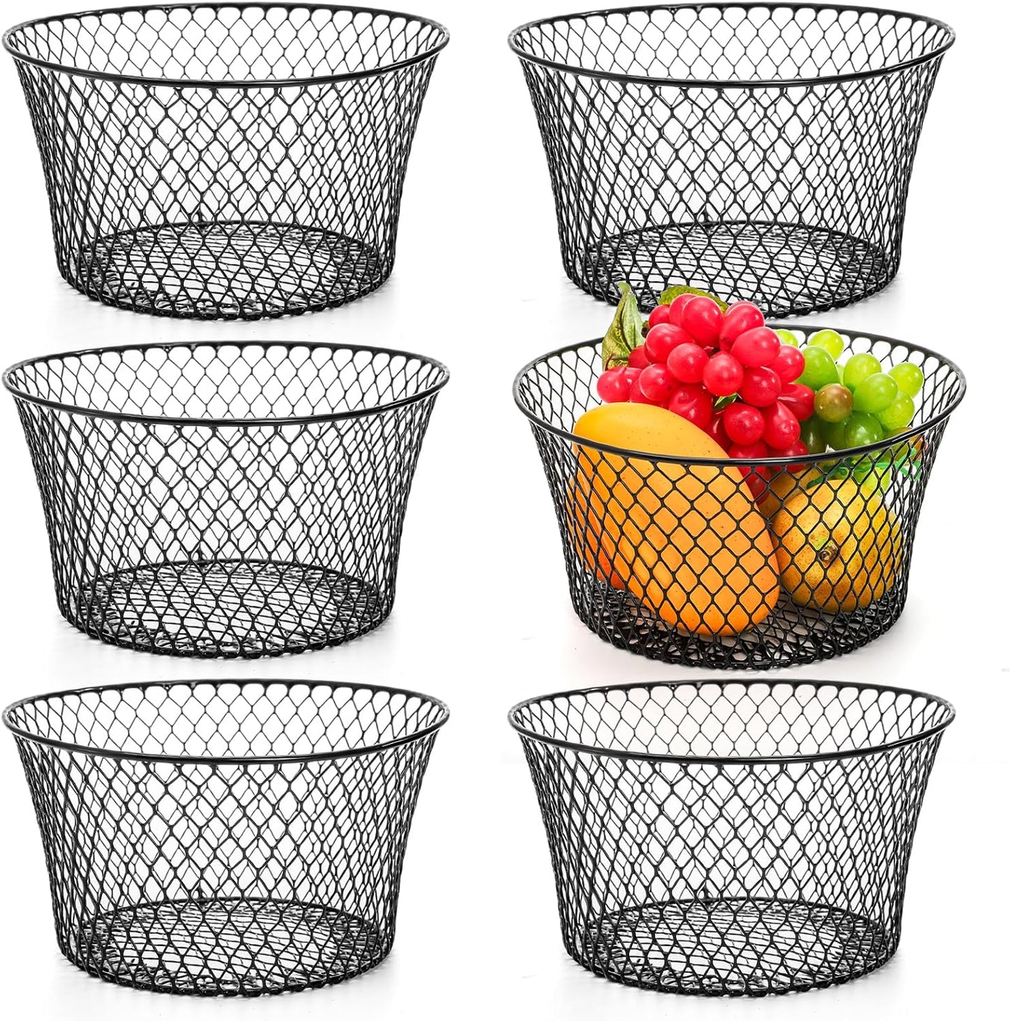 6 Pack Metal Wire Baskets for Kitchen Storage, Modern Black Countertop Fruit Bowl, Round Produce Organizer, Multi-Purpose for Fruits, Snacks, Breads