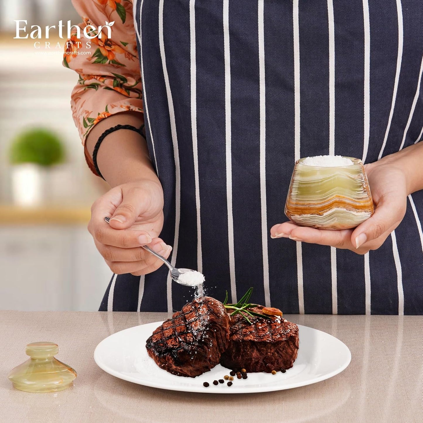 Marble Salt Cellar With Lid Green 3" Inches Salt Holder Seasoning & Spice Jar with Spoon Container, Modern Salt Keeper for Kitchen Countertop