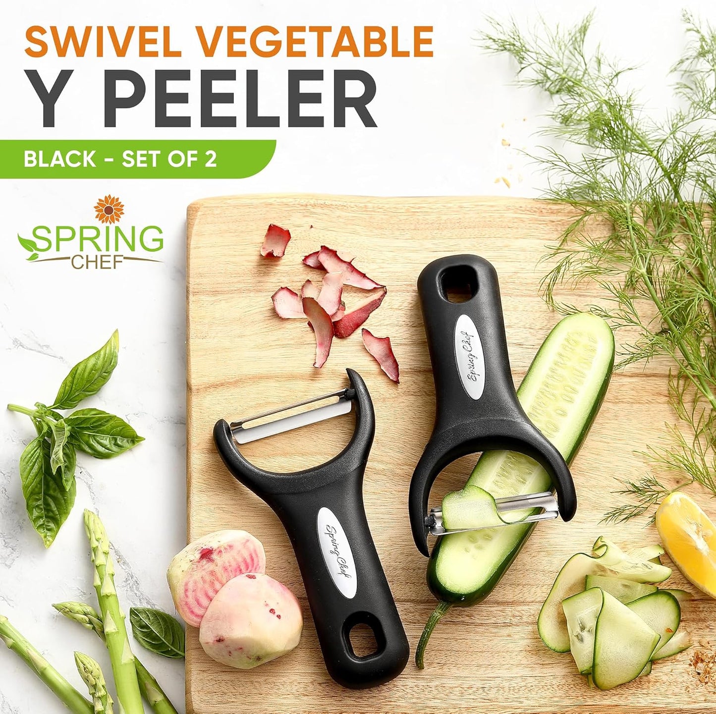Spring Chef Stainless Steel Vegetable Y Peeler for Kitchen, Dishwasher Safe Potato Peelers with Ultra Sharp Blades & Soft Grip Handle, Perfect for Apple, Carrot, Cucumber, Veggie - Set of 2 - Black