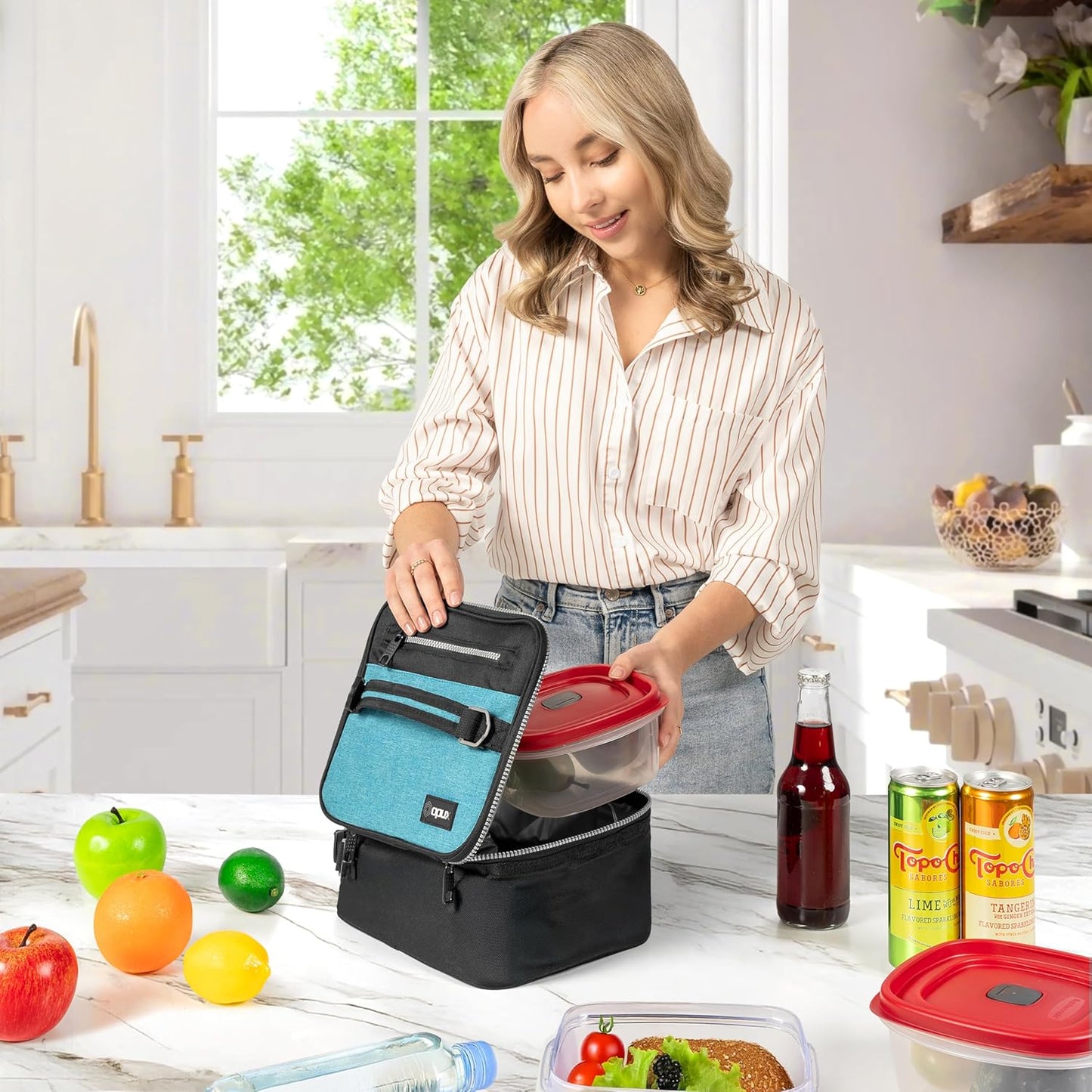 opux Insulated Lunch Box for Men Women Adult, Compact Lunch Bag for Kids Boy Girl Teen, Soft Lunch Cooler Bag for Work School, Leakproof Lunchbox Lunch Pail with Clip-on Buckle, Heather Sea Blue