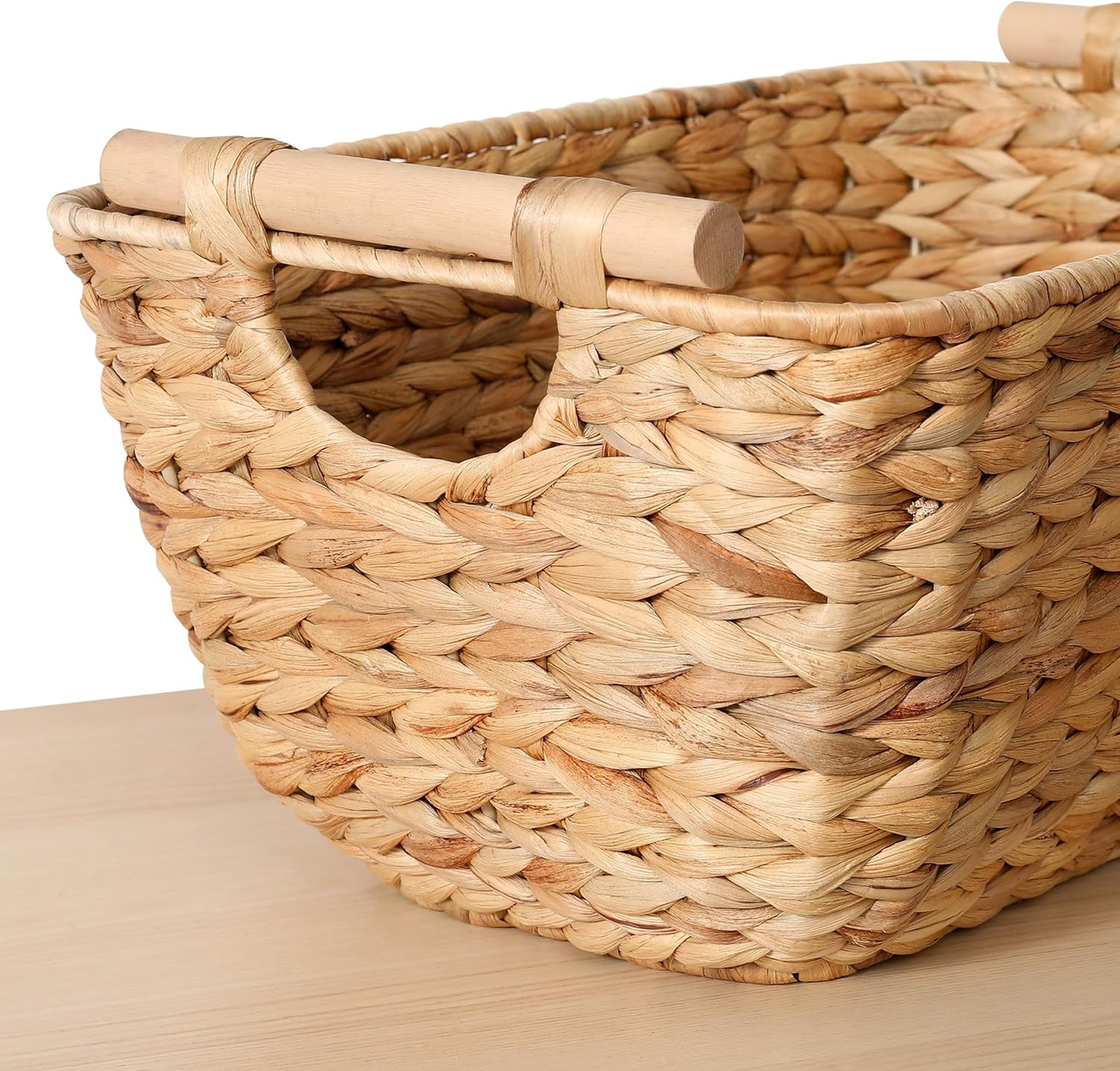 Large Wicker Storage Baskets with Wooden Handles, Woven Water Hyacinth Storage Organizers for Throw Blankets, Bedroom, Living Room, Laundry，2-Pack