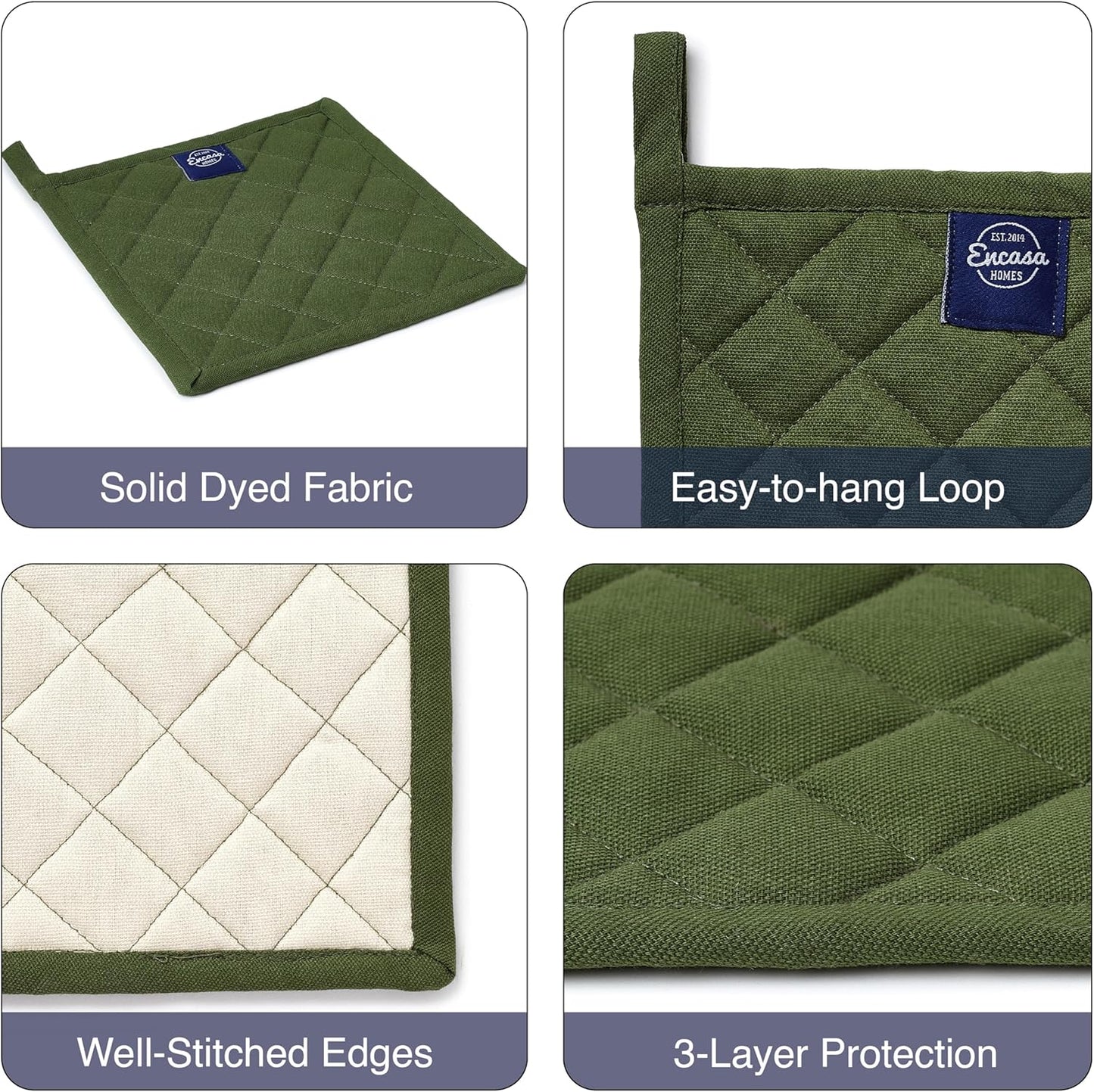 Encasa XO Heat Resistant Cotton Pot Holders with Hanging Loop - Set of 2 - Leaf Green - Multipurpose Quilted Everyday Hot Pad for Kitchen, Camping, BBQ & Microwave - 8x8 in