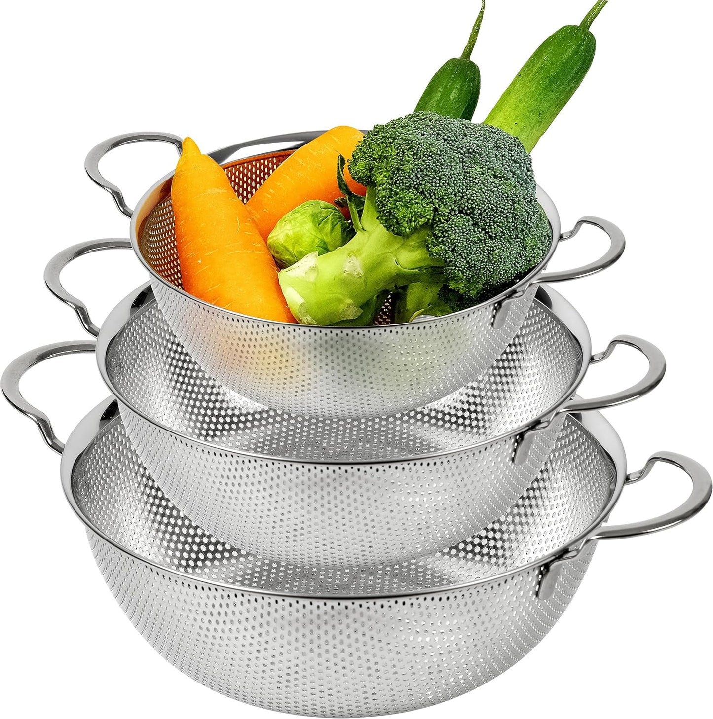 Premium 18/8 304 Stainless Steel Strainer Set of 3 with Handles, Micro-Perforated Colanders, 4-6-8 Quart Set, Self-Draining Solid Base for Pasta, Fruits, Vegetables, Made in Korea