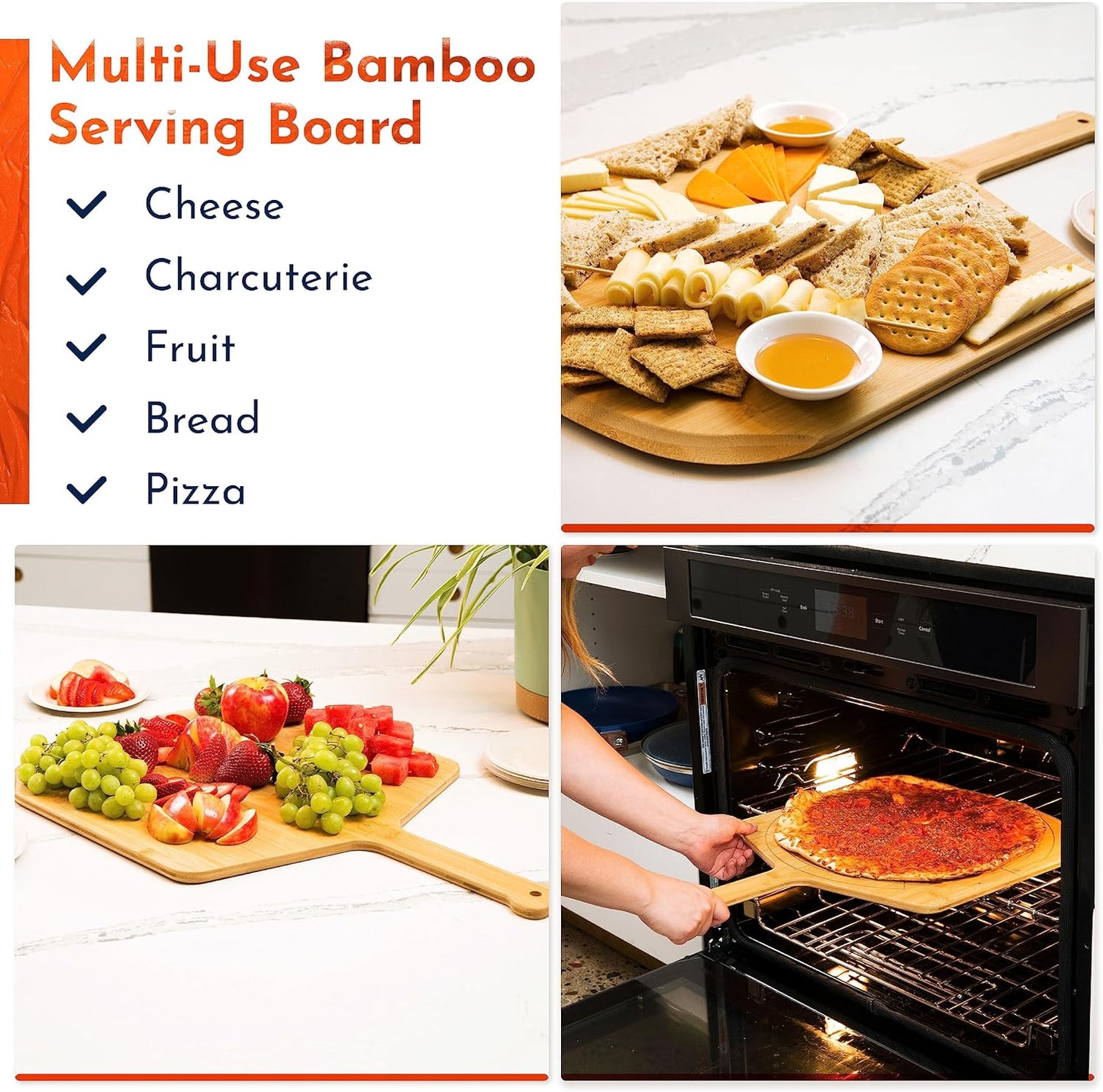 Loftern Wooden Pizza Peel 16 Inch Board with Engraved Sizes - Multi-Purpose Bamboo Pizza Cutting Board, Wood Pizza Peel, Pizza Spatula Paddle, and Serving Board with Size and Cutting Guide