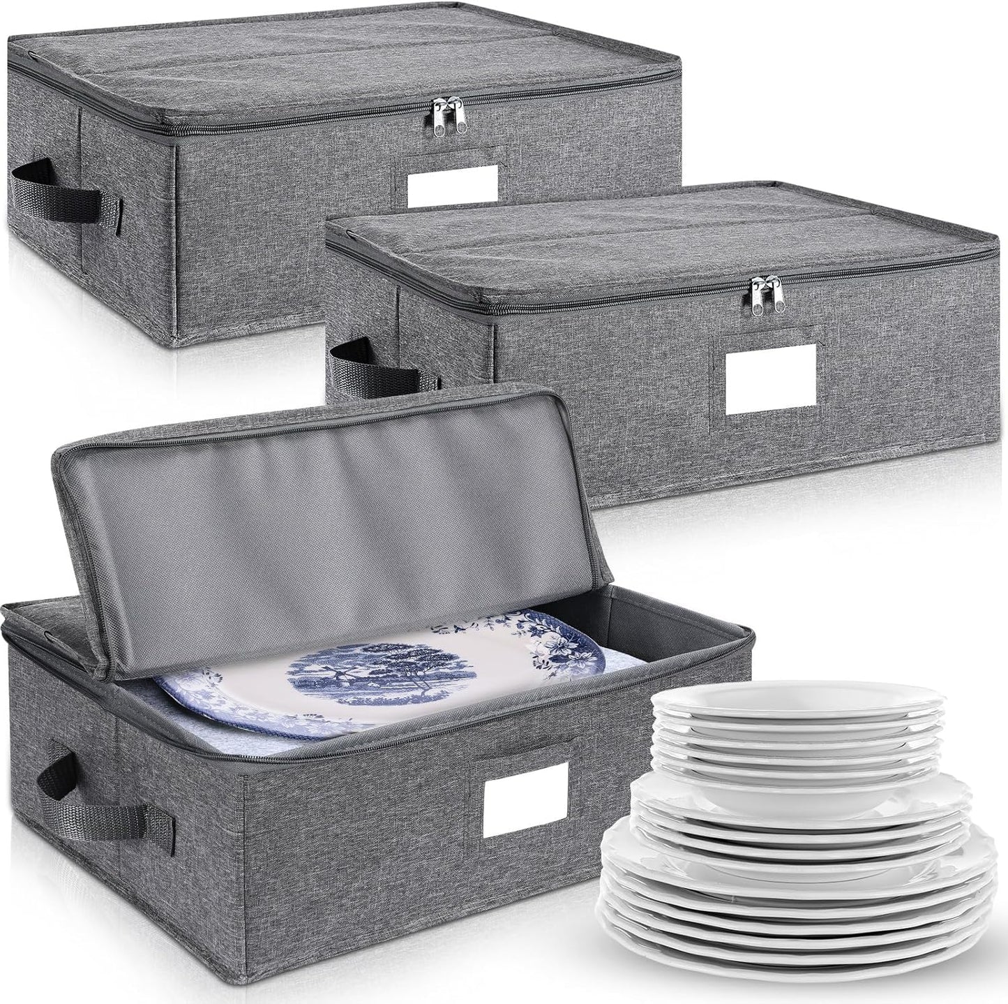 Norme 3 Pcs Platter Storage Case China Storage Container Stackable China Boxes Hard Shell Case Moving Supplies, 17x13x 6 In, 15 Felt Dividers Included, Structured Top, Gray