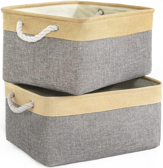 TheWarmHome Storage Basket for Organizing - 3 Pack 14x10x7 inch Large Collapsible Storage Bin for Shelves, Fabric Storage Cubes for Organizer ClosetCloth Gift Toy (Grey & Gold)