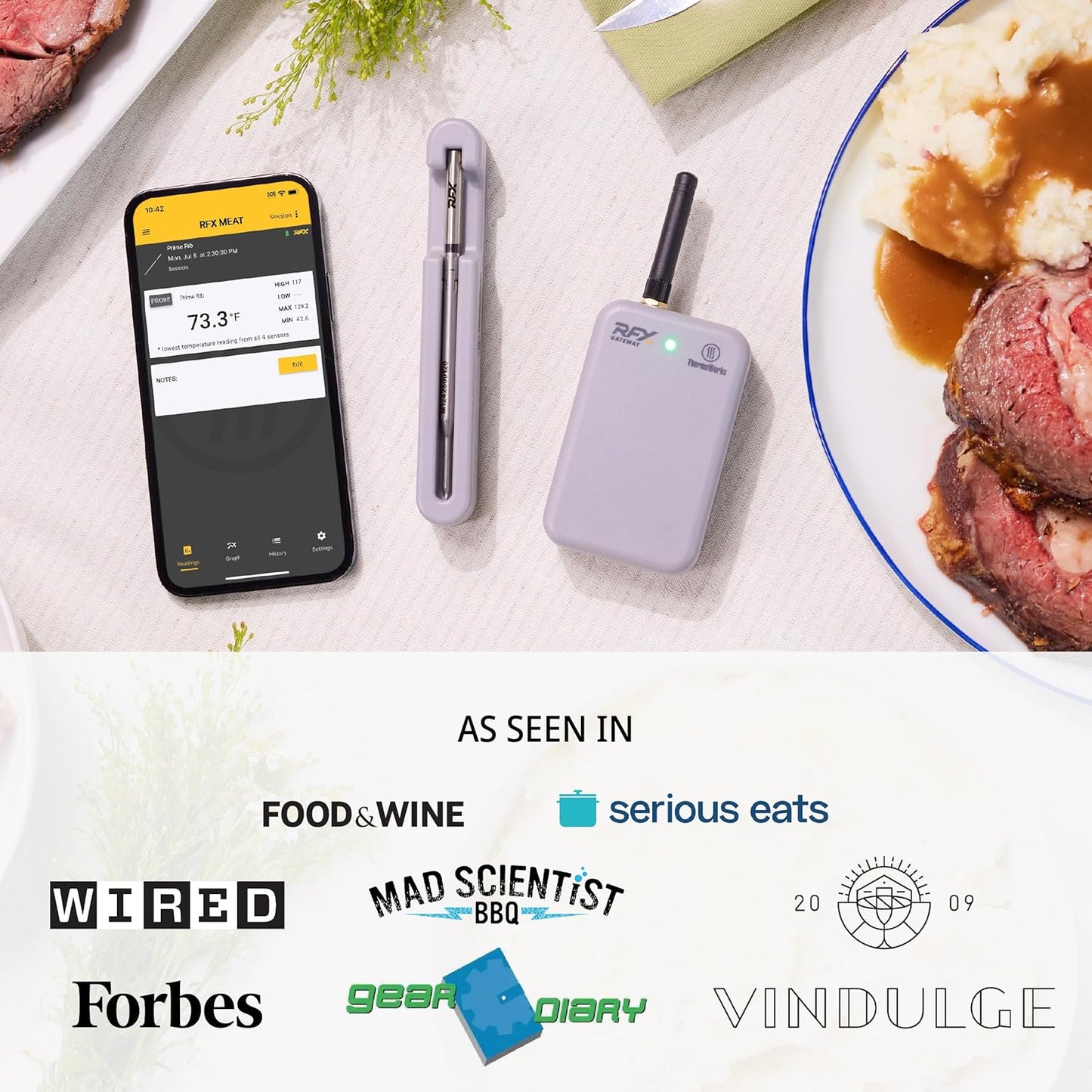 ThermoWorks RFX | Smart Wireless Meat Thermometer | Wi-Fi & Radio Frequency | Stronger Signal Than Bluetooth | Meat Probe for Use in Smoker, Grill, BBQ, Oven - 4-Probe Kit