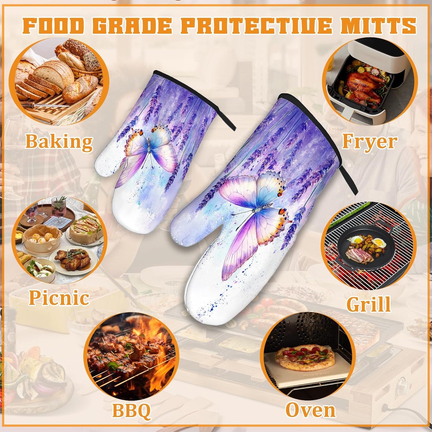 Purple Butterfly Oven Mitts and Pot Holders Set,Lavender Kitchen Oven Gloves and Pot Holder with Heat Resistant Non Slip for Cooking Baking Grilling(4 Piece Set)