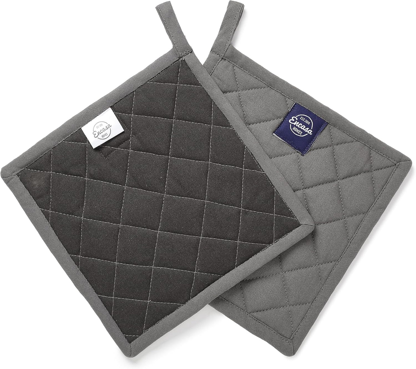 Encasa XO Heat Resistant Cotton Pot Holders with Hanging Loop - Set of 2 - Grey - Multipurpose Quilted Everyday Hot Pad for Kitchen, Camping, BBQ & Microwave - 8x8 in