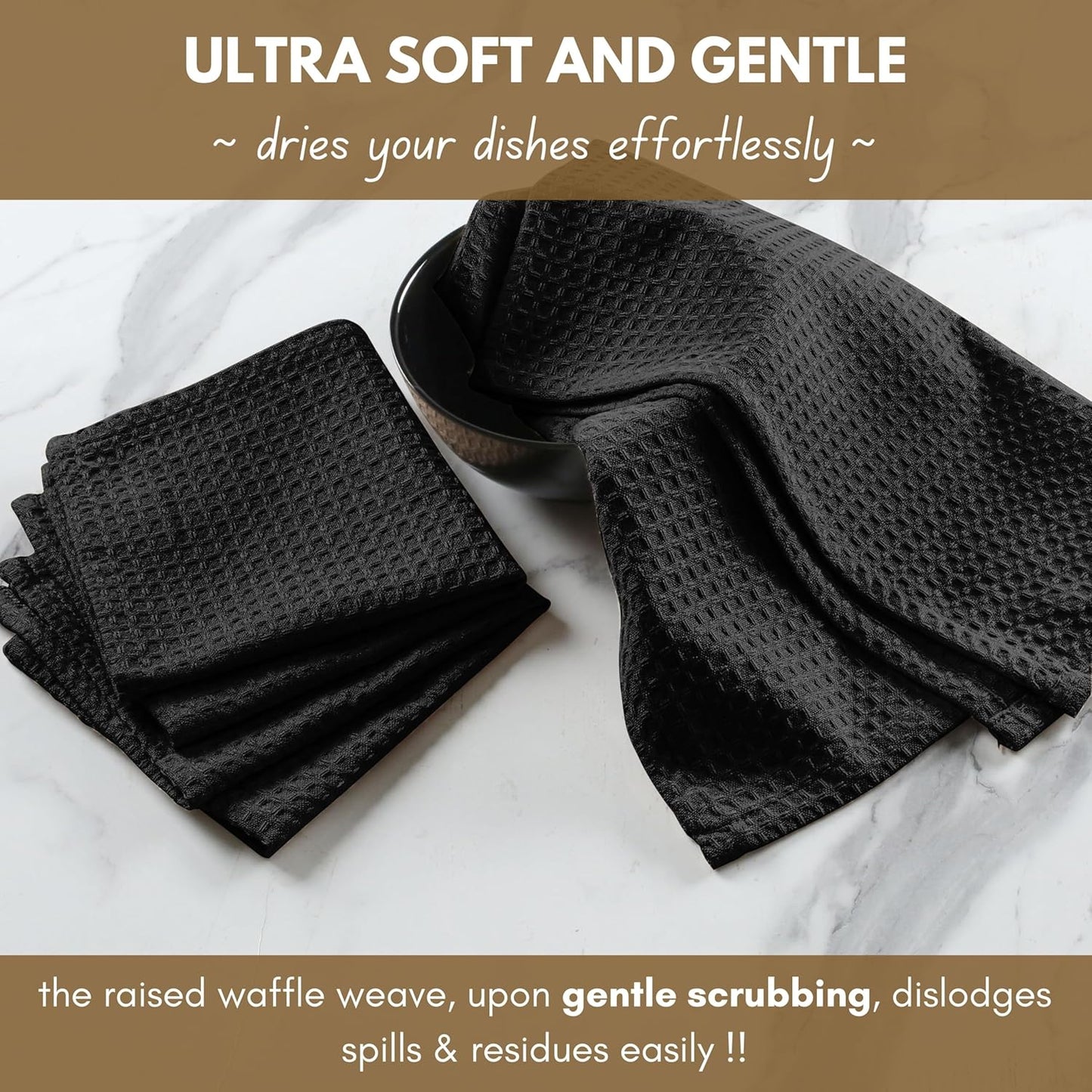 Native Fab Cotton Kitchen Towel with Hanging Loop 16x26 inches, 4-Pack, Waffle Weave Kitchen Towels for Cleaning Drying, Washcloths Soft & Absorbent Cloth Rags, Bar Towel, Dish Cloth, Black