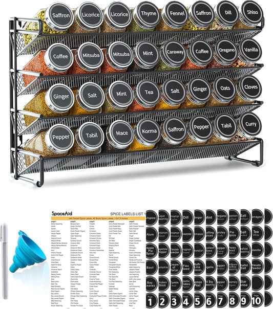 SpaceAid Spice Rack Organizer with 32 Spice Jars, 386 Spice Labels, Chalk Marker and Funnel Set for Cabinet, Countertop, Pantry, Cupboard or Door & Wall Mount - 32 Jars, 15.3" W × 10.8" H, Black