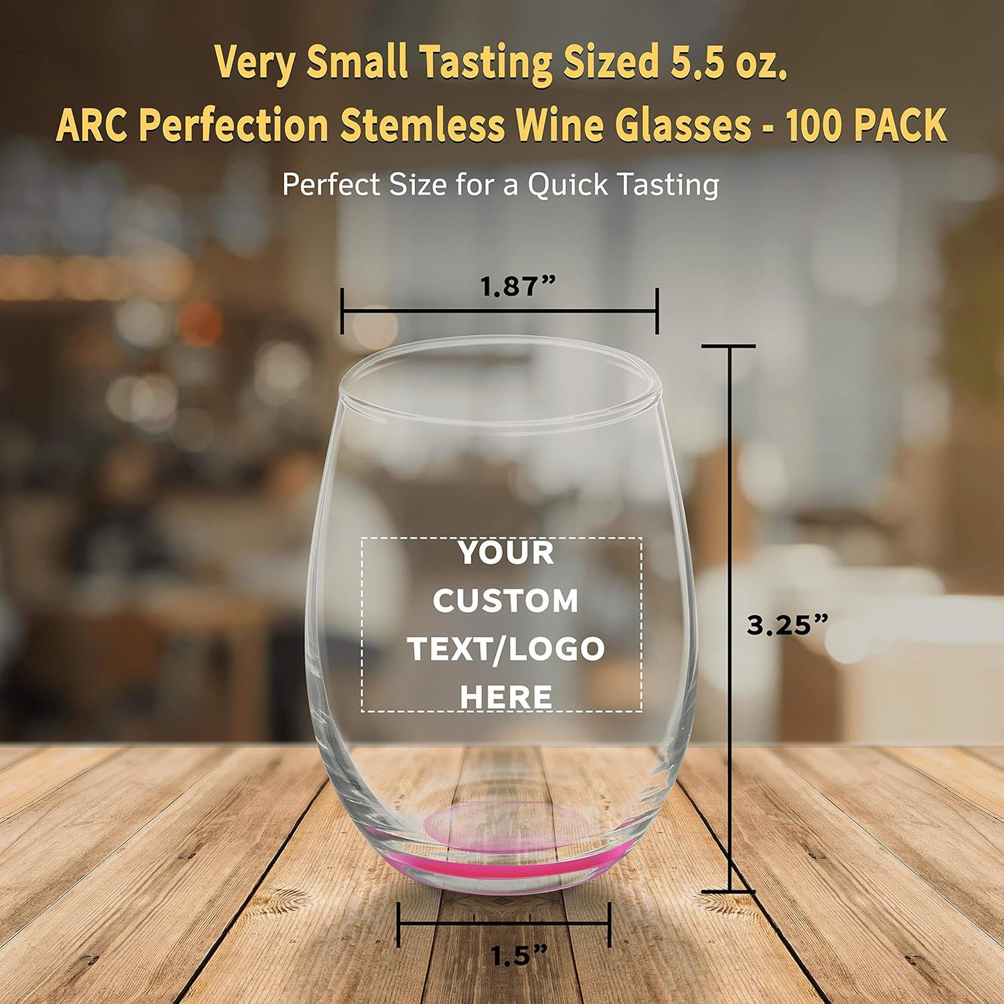 Custom Stemless Wine Glasses by ARC 5.5 oz. Set of 100, Personalized Bulk Pack - Perfect for Hotel, Bar, Restaurant or Lounge - Pink
