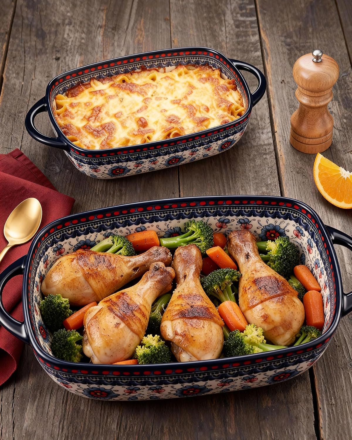 Polish Pottery Style Ceramic Baking Dish Set of 2 – Decorative Casserole Dishes with Handles, Cute Oven-Safe Lasagna Bakeware Gift Set