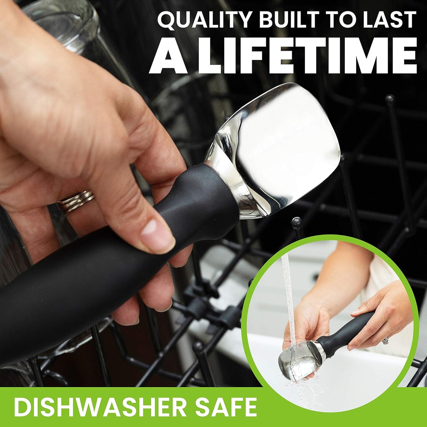 Spring Chef 18/8 Stainless Steel Ice Cream Scoop with Soft Grip Handle - Heavy Duty Ice Cream Scooper for Gelato, Sorbet, Cookie Dough, Melon, Sundae - Dishwasher Safe Kitchen Tool - Black