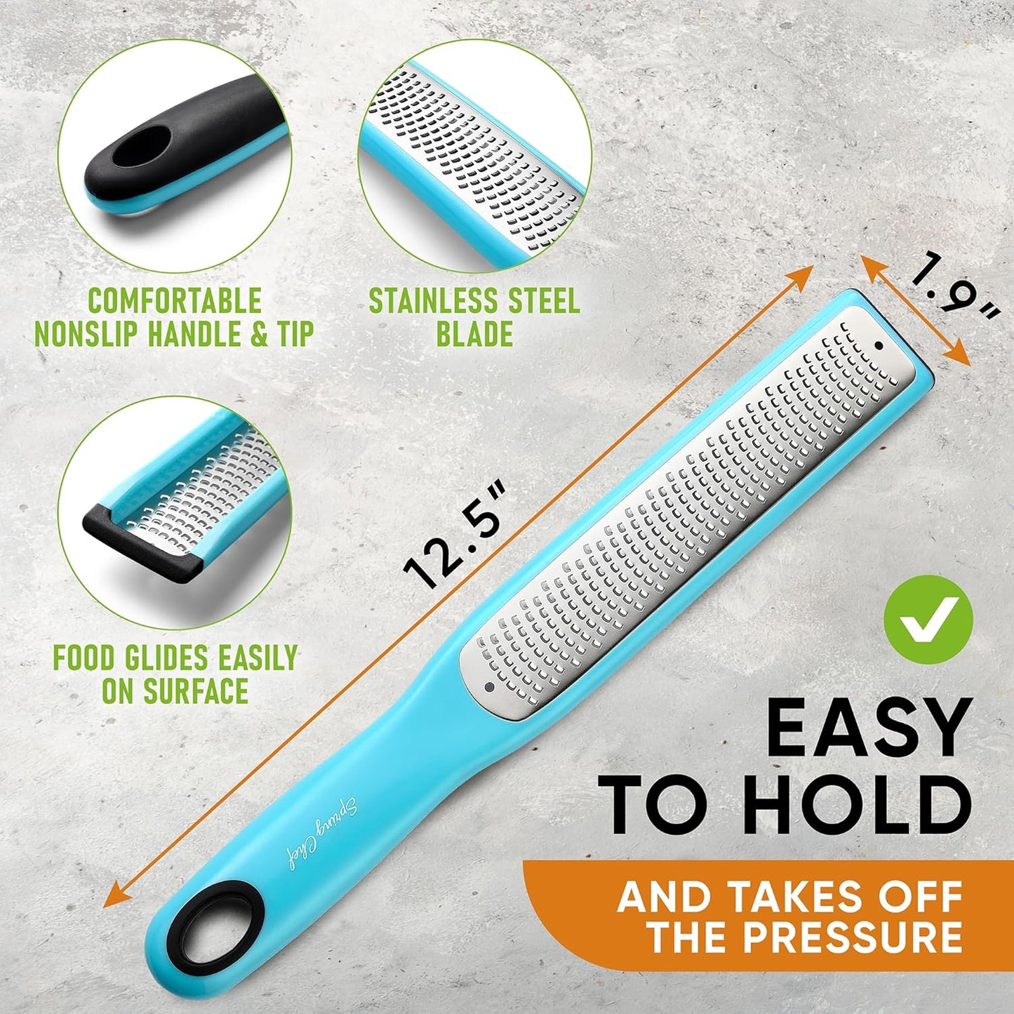 Spring Chef Premium Lemon Zester Grater with Handle - Fruits, Garlic, Chocolate, Nutmeg, Ginger Grater - Heavy Duty Kitchen Tool - Stainless Steel Citrus Zester with Blade Cover - Fine Shred, Aqua Sky