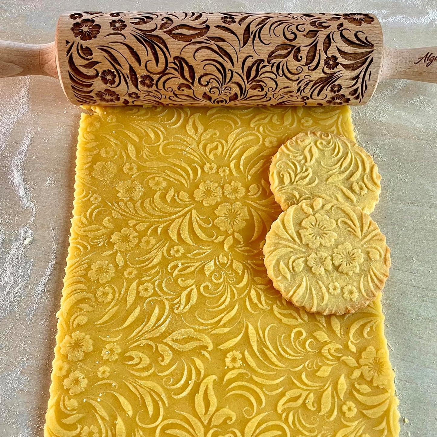 Embossing Rolling Pin VERONICA with Elegant Bloom Pattern – Dough and Clay Roller for Embossed Cookies and Pottery - Cookie and Ceramic Stamp - Baking Gifts for Women by Algis Crafts