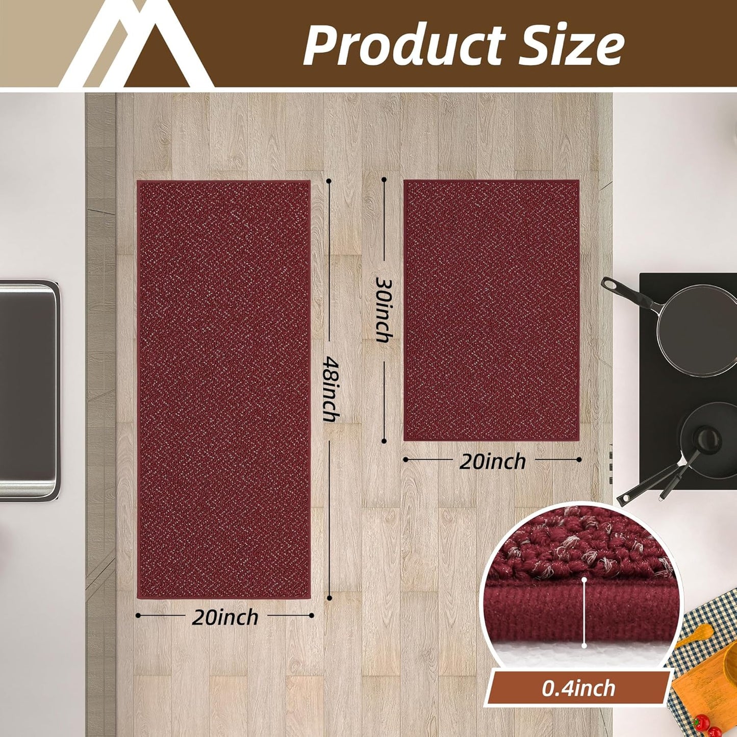 COSY HOMEER Kitchen Rugs and Mats 2PCS Non Slip Kitchen Mats for Floor Washable Stain Resistant Kitchen Runner Rug Sets Absorbent Kitchen Floor Mat 20"x32"+20"x48",Red
