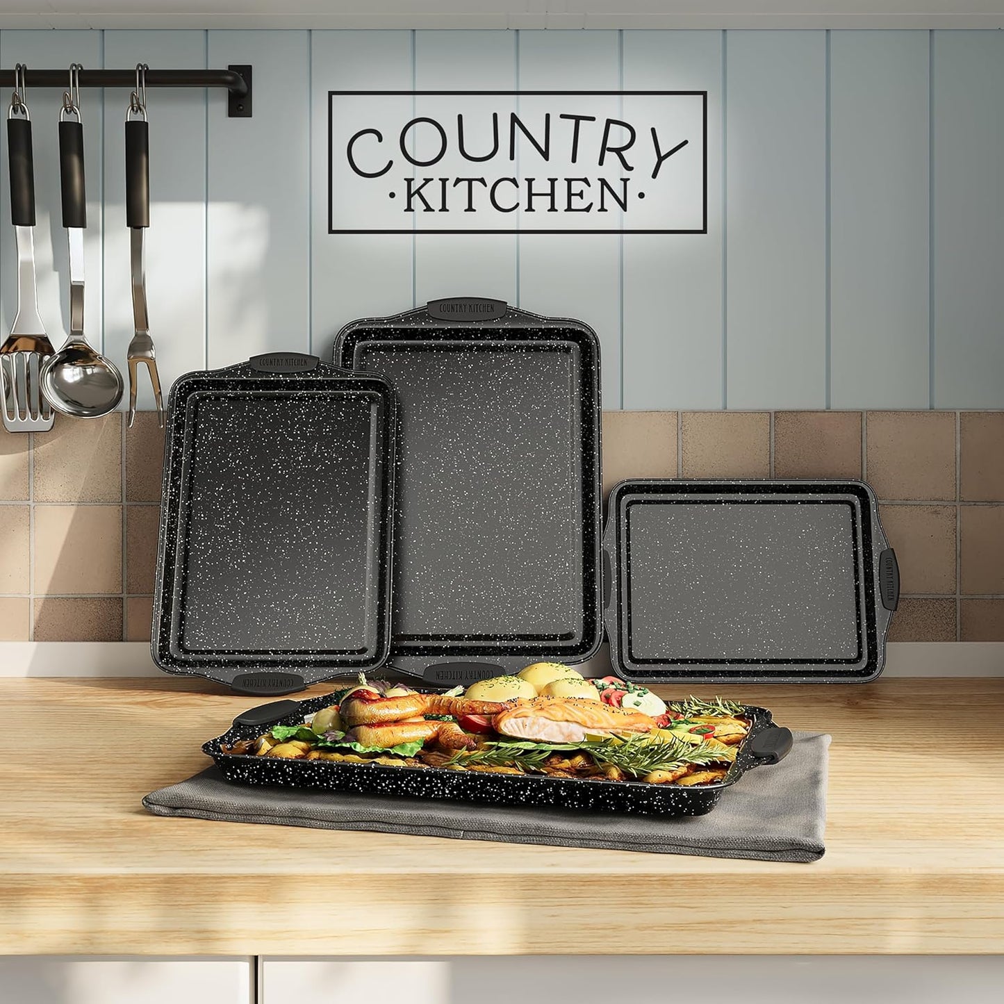 Country Kitchen Nonstick Stackable Bakeware Set - Heavy Duty, Durable, Easy Release Baking Set, Black, 4 Pcs