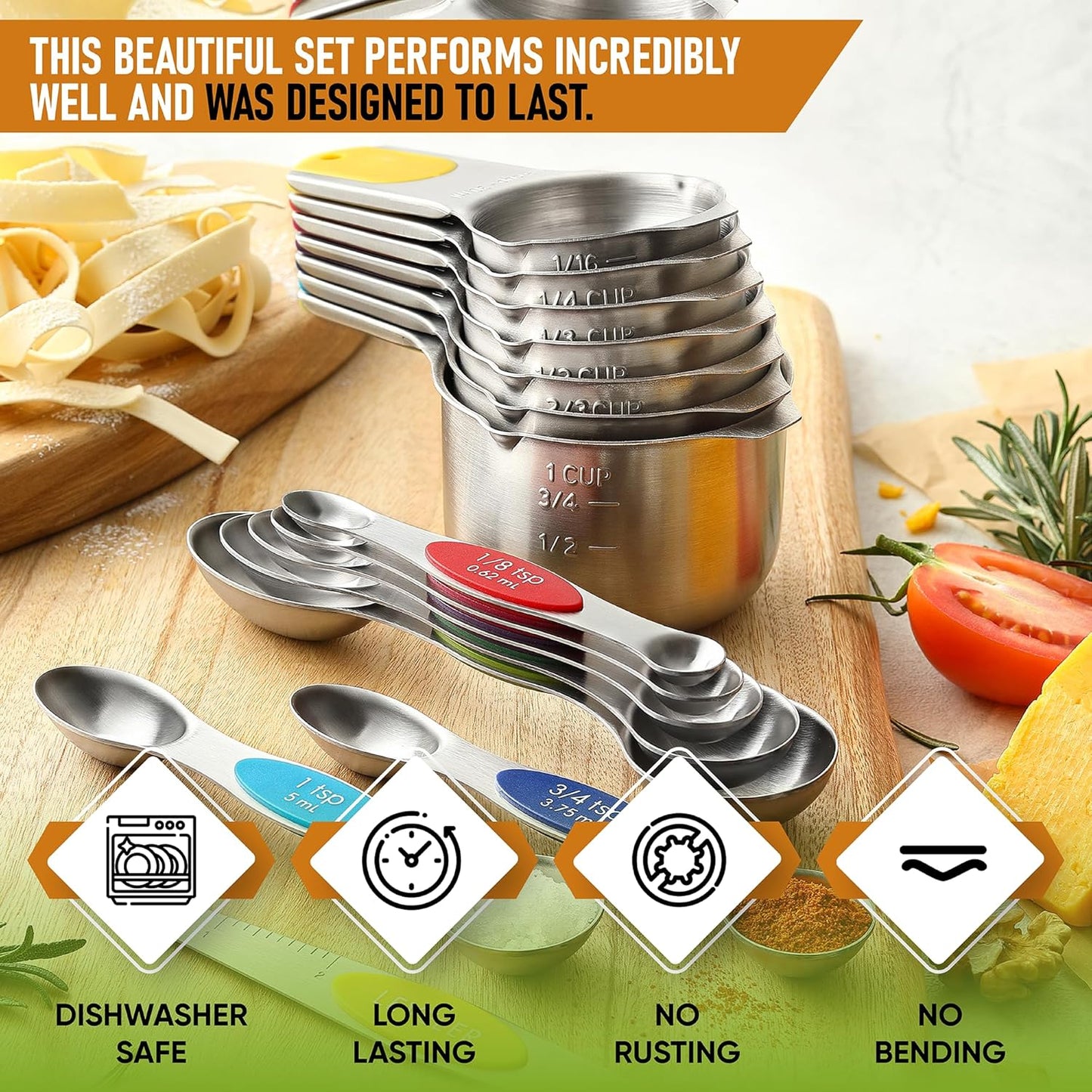 Spring Chef Magnetic Measuring Cups & Spoons Set (Patent Pending), Strong N45 Magnets, Heavy Duty Stainless Steel Fits in Spice Jars for Baking & Cooking, BPA Free, Set of 15 with Leveler, Multicolor