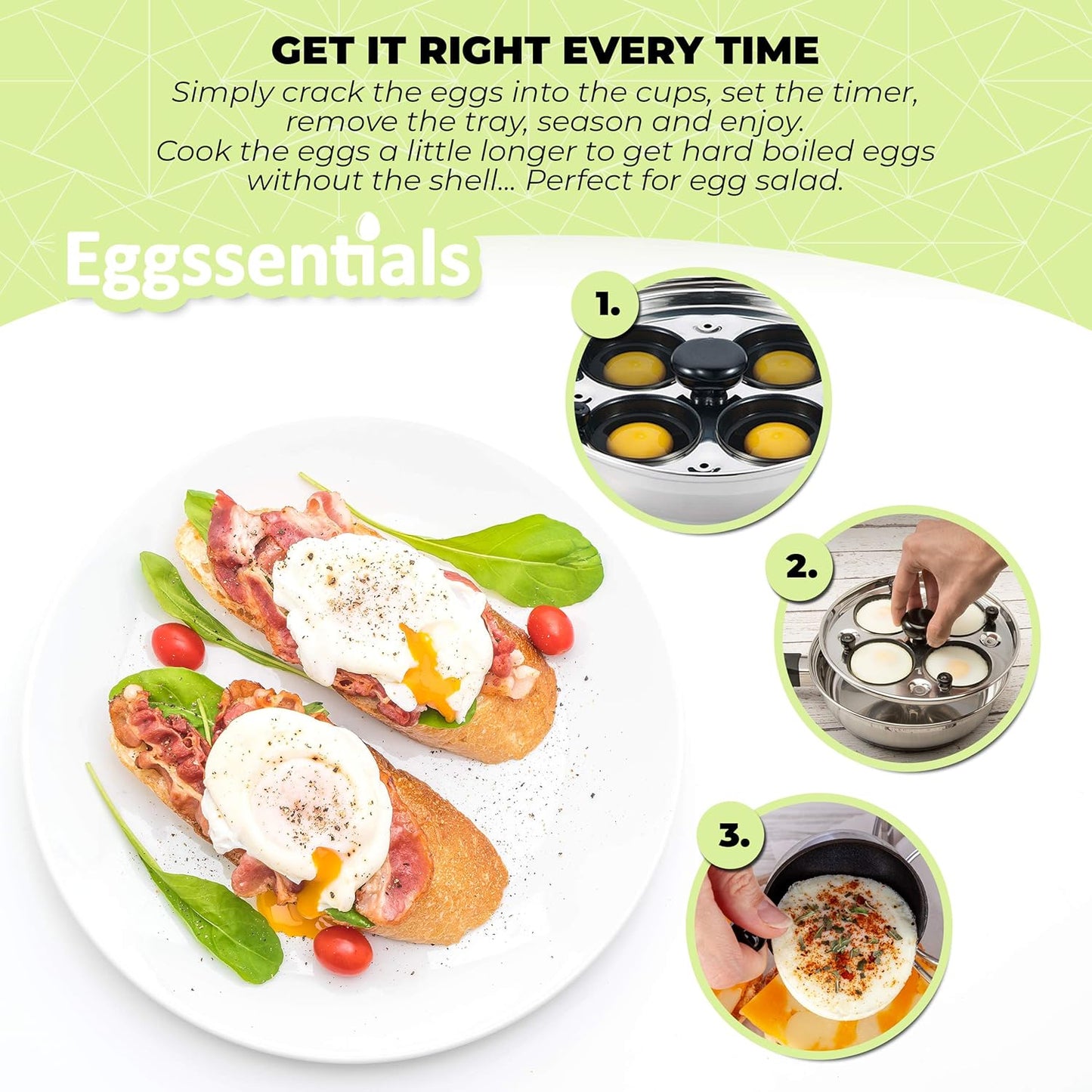 Egg Poacher - Eggssentials Poached Egg Maker, Stainless Steel Egg Poaching Pan, Poached Eggs Cooker Food Grade Safe PFOA Free with Spatula.