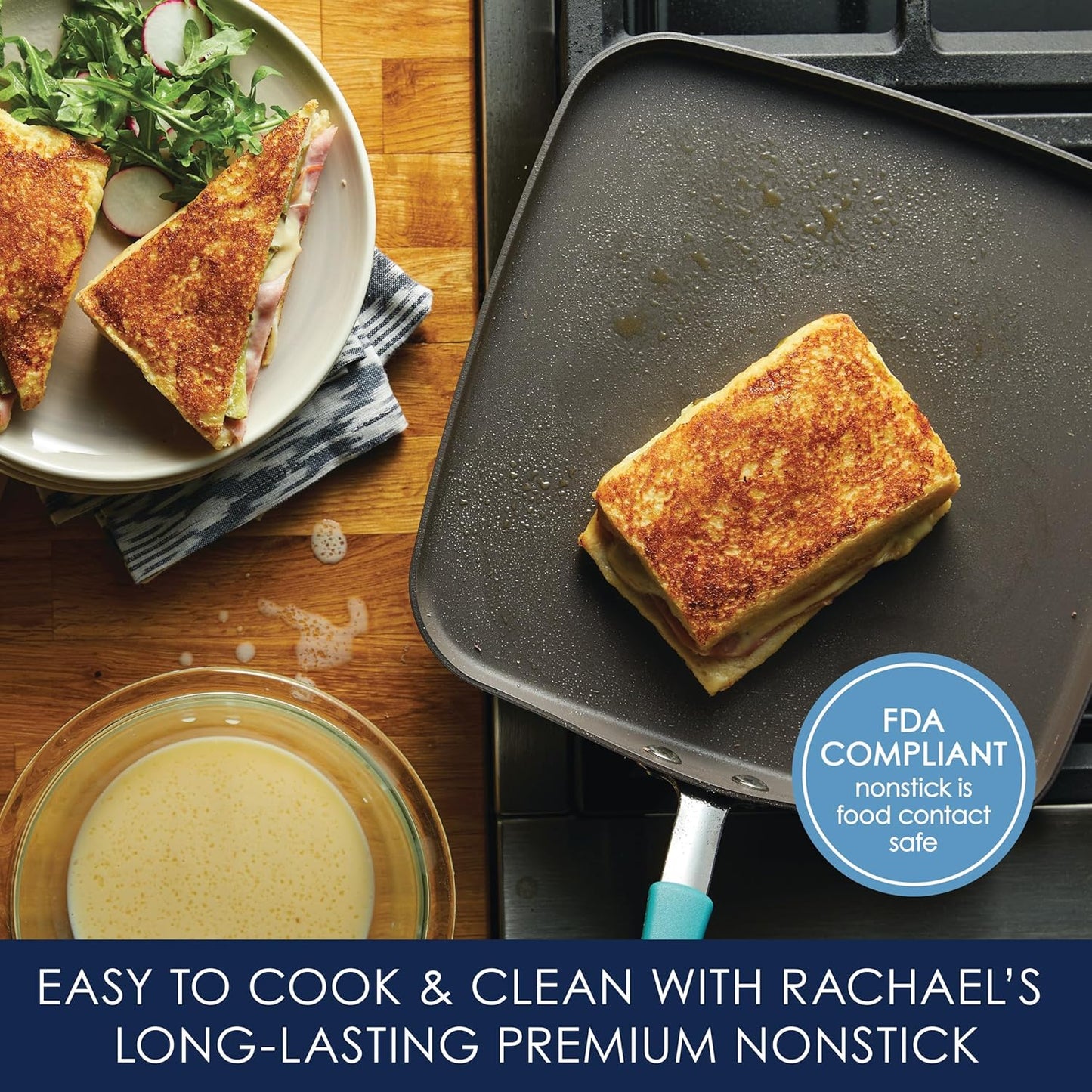 Rachael Ray Cucina Hard Anodized Nonstick Griddle Pan/Flat Grill, 11 Inch, Gray with Agave Blue Handle