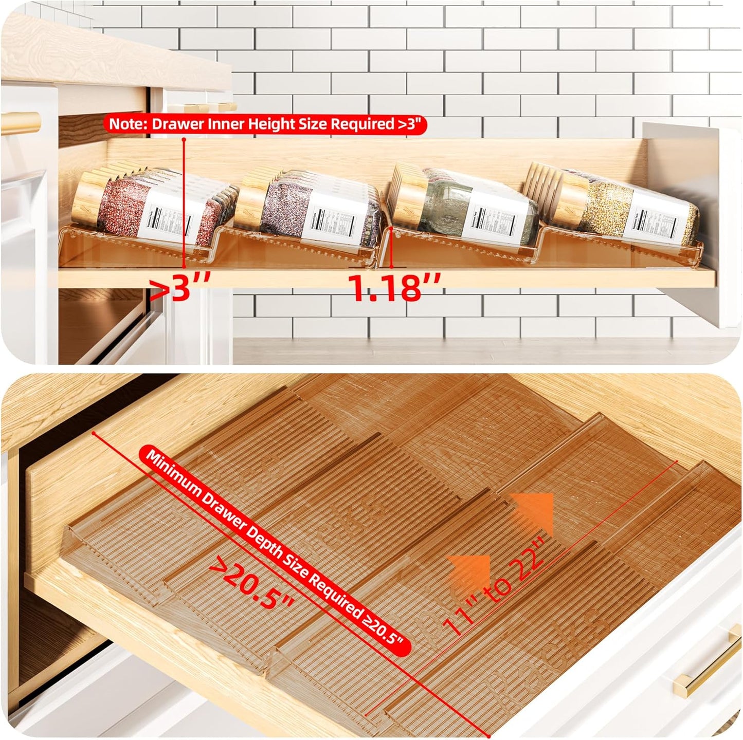 Spice Drawer Organizer, 4 Tier- 4 Pack Amber Acrylic Drawer Seasoning Organizer, Expandable From 11'' to 22'' Kitchen Spice Rack Organizers and Storage for Drawer (Jars not included)
