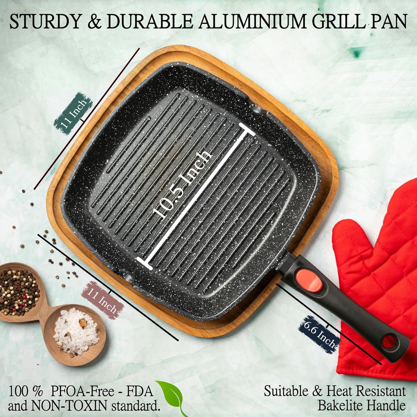 Moss & Stone Square Grill Pan for Indoor Cooking, 11-Inch Nonstick Griddle Skillet with Removable Handle, RV Die-Cast Aluminum Stove Top Grill Pan for Meats & Vegetables, Detachable Handle