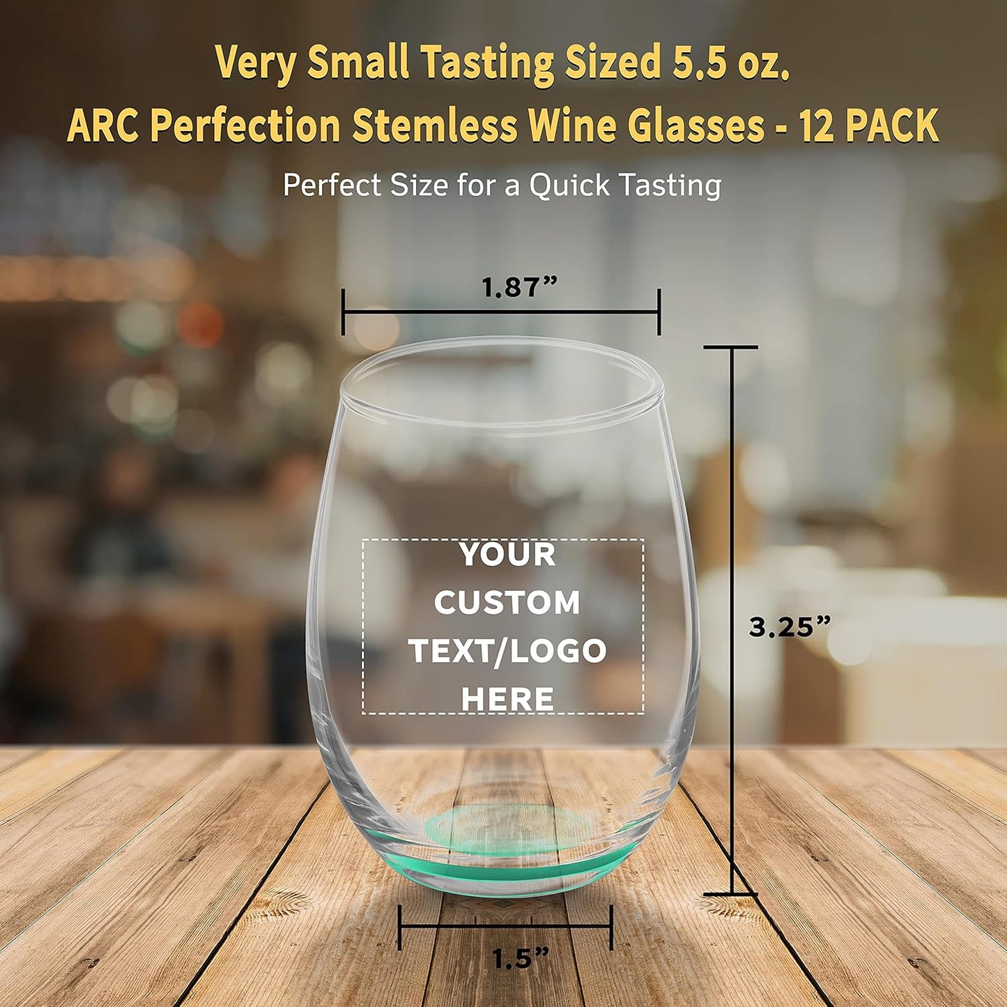 Custom Stemless Wine Glasses by ARC 5.5 oz. Set of 12, Personalized Bulk Pack - Perfect for Hotel, Bar, Restaurant or Lounge - Green