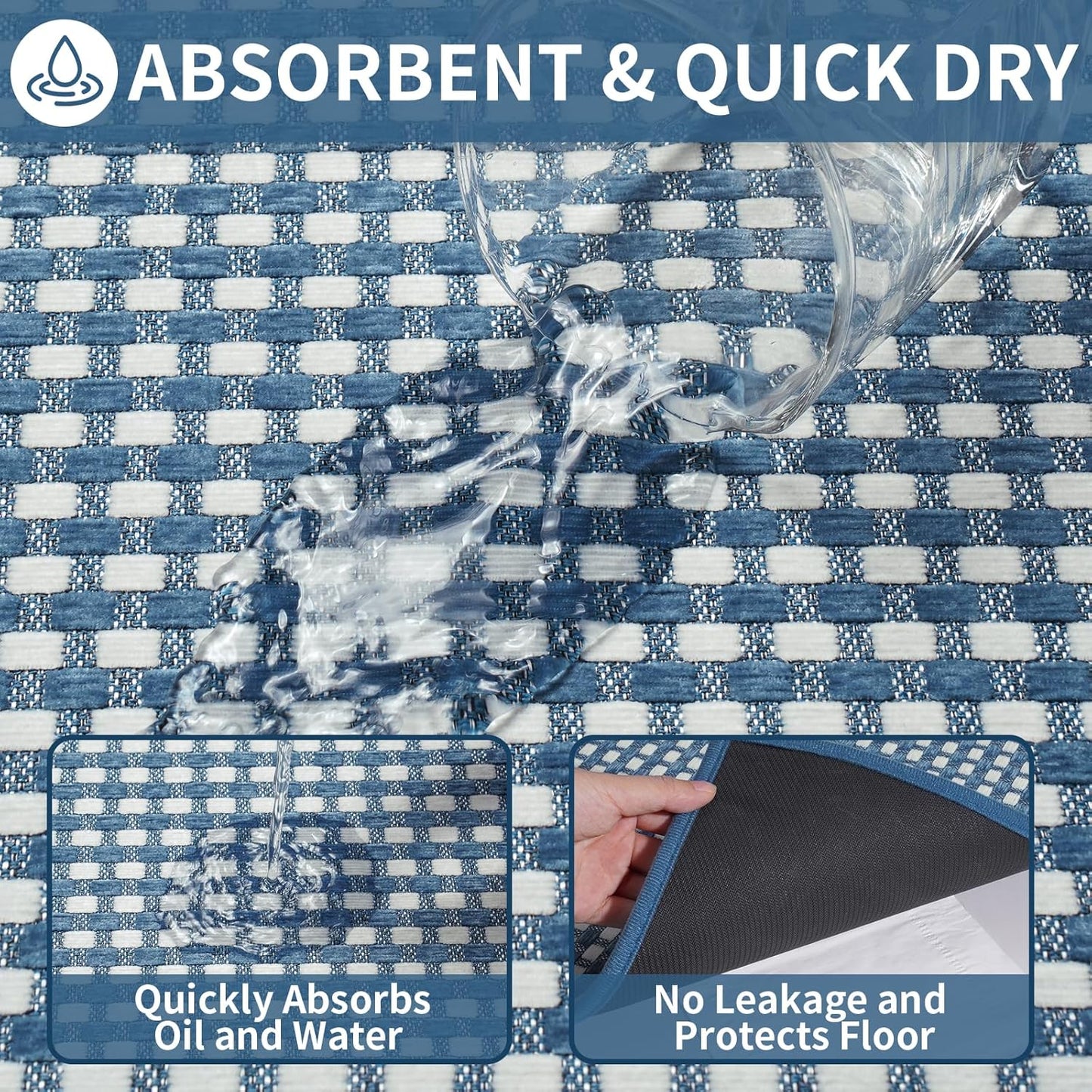 Long Kitchen Runner Rugs Kitchen Mat Non Slip Washable, Super Absorbent Soft Chenille Braided Kitchen Mats for Floor, Rubber Backing Kitchen Floor Sink Standing Mat, Easy Clean, Blue 17"x71"