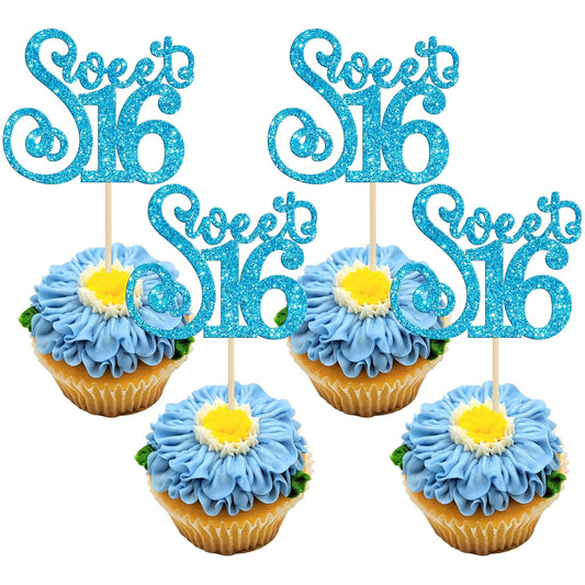 Gyufise 24 Pack 16th Birthday Cupcake Toppers Glitter Sixteen Happy Sweet 16 Cupcake Picks Cheers to 16 Years Old Cupcake Decorations for 16th Birthday Anniversary Party Supplies Light Blue