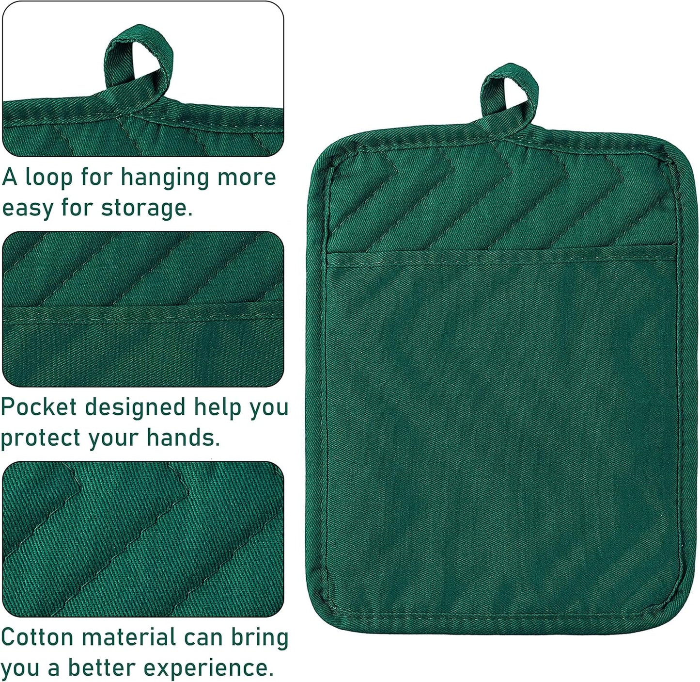 GROBRO7 5Pack Pocket Pot Holders Cotton Heat Resistant Potholder Multipurpose Hot Pads Machine Washable Oven Mitts Heat Pads for Daily Kitchen Baking and Cooking 8.9 x 6.9 in Dark Green